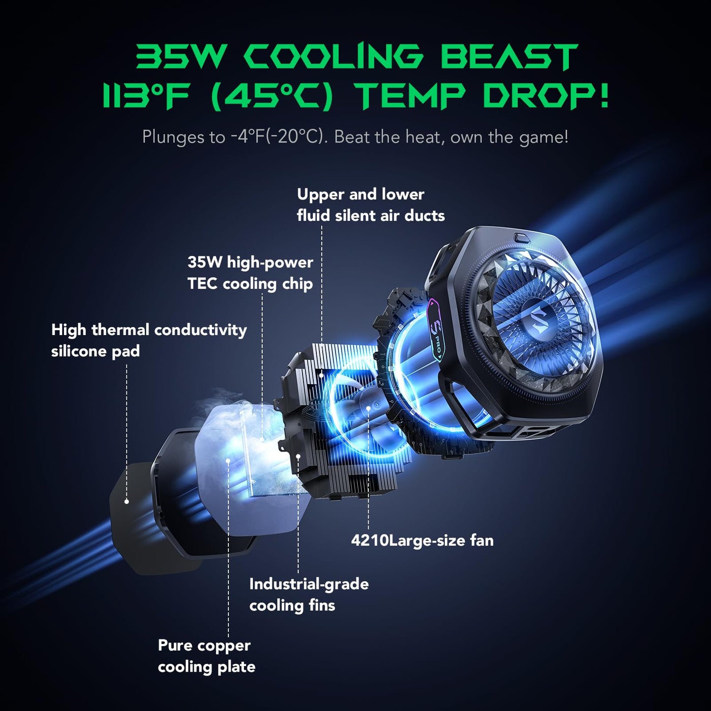 Black Shark Magnetic Phone Cooler 5 Pro - 18 Addressable RGB LEDs, Detachable Grip, APP-Controlled Thermostatic Cooling Fan for iPhone MagSafe/Android/iPad -Gaming/Streaming/Photography