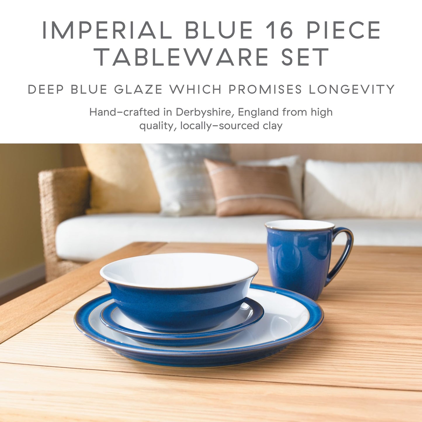 Denby - Imperial Blue Dinner Set For 4-16 Piece Ceramic Tableware Set Blue, White - Dishwasher Microwave Safe Crockery Set - 4 x Dinner Plate, 4 x Small Plate, 4 x Cereal Bowl, 4 x Coffee Mug