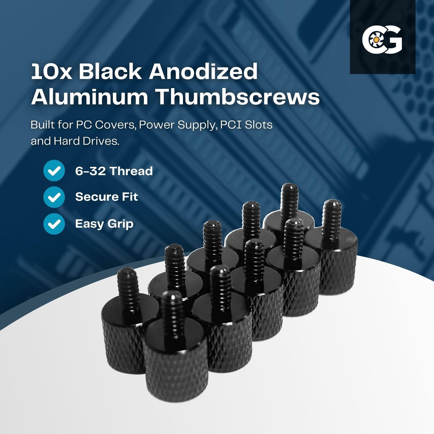 10 x Black Anodized Alumium Computer Case Thumbscrews (6-32 Thread) for Cover / Power Supply / PCI Slots / Hard Drives