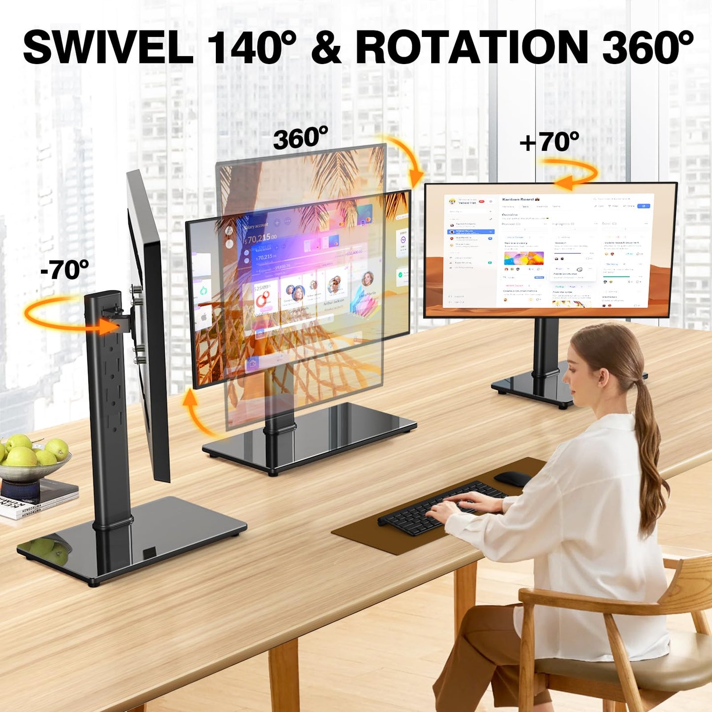 Single Monitor Stand VESA Mount for 13-32 Inch Screens, Free-Standing Monitor Riser with Swivel Tilt Rotation Height Adjustable, Universal Desk Stand up to 44lbs, VESA 75x75, 100x100mm