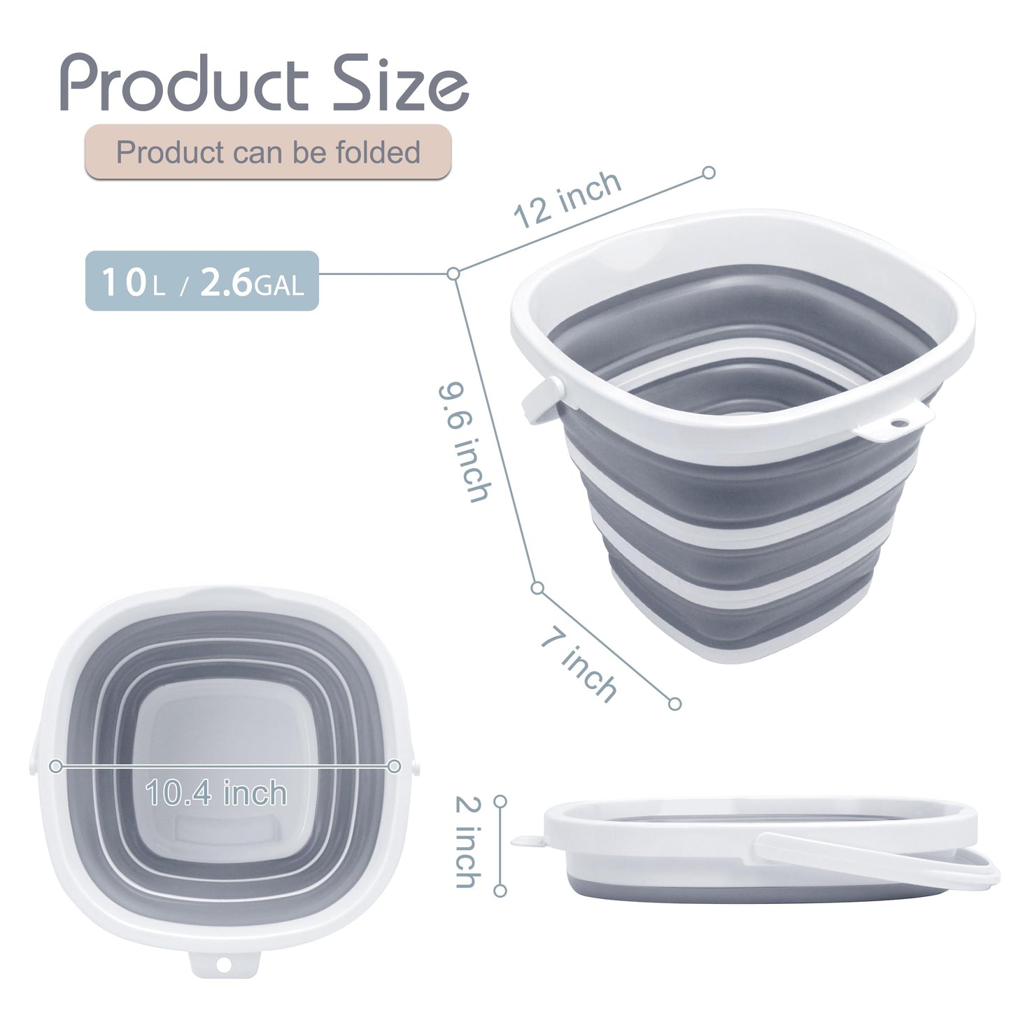 Goderewild Collapsible Bucket, 2.6 Gallon (10L) - Square Foldable Mop Bucket for House Cleaning, Car Washing, Camping - Portable Water Pail for Outdoor, RV, Travel (Grey)