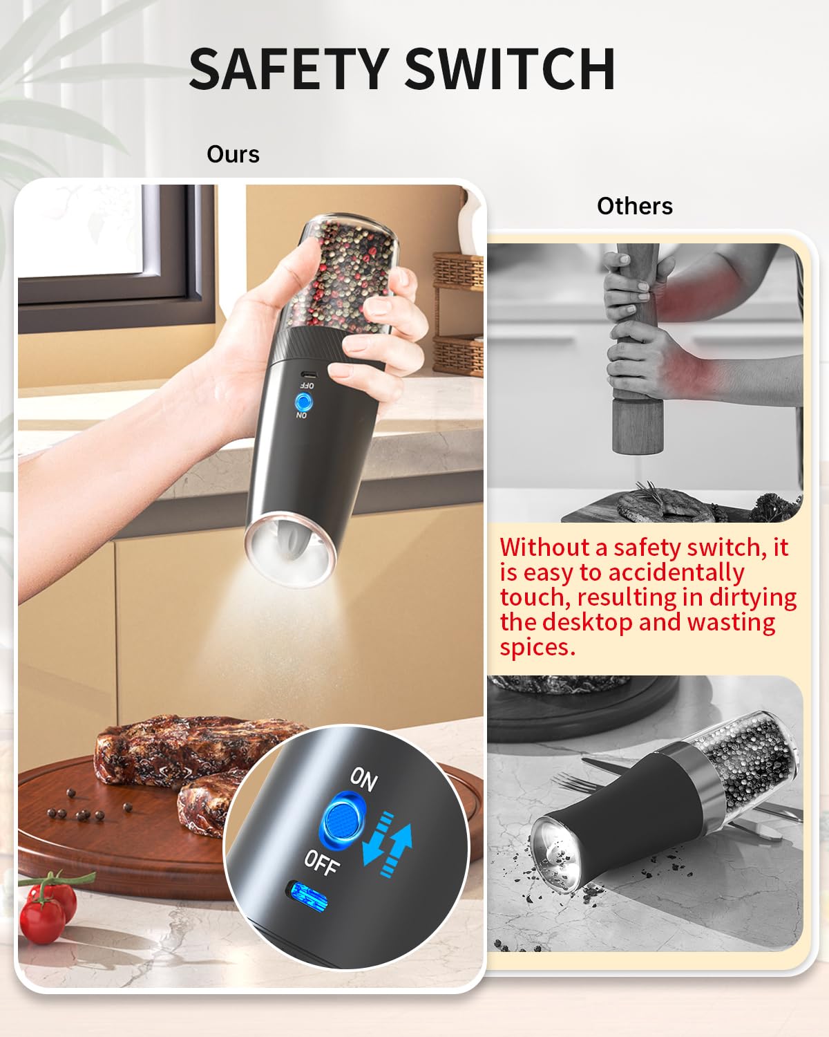 CIRCLE JOY Rechargeable Electric Salt and Pepper Grinder Set Gravity Salt and Pepper Mills Set with LED Light, No Battery Needed, Adjustable Coarseness, Washable 135ml Container, Black