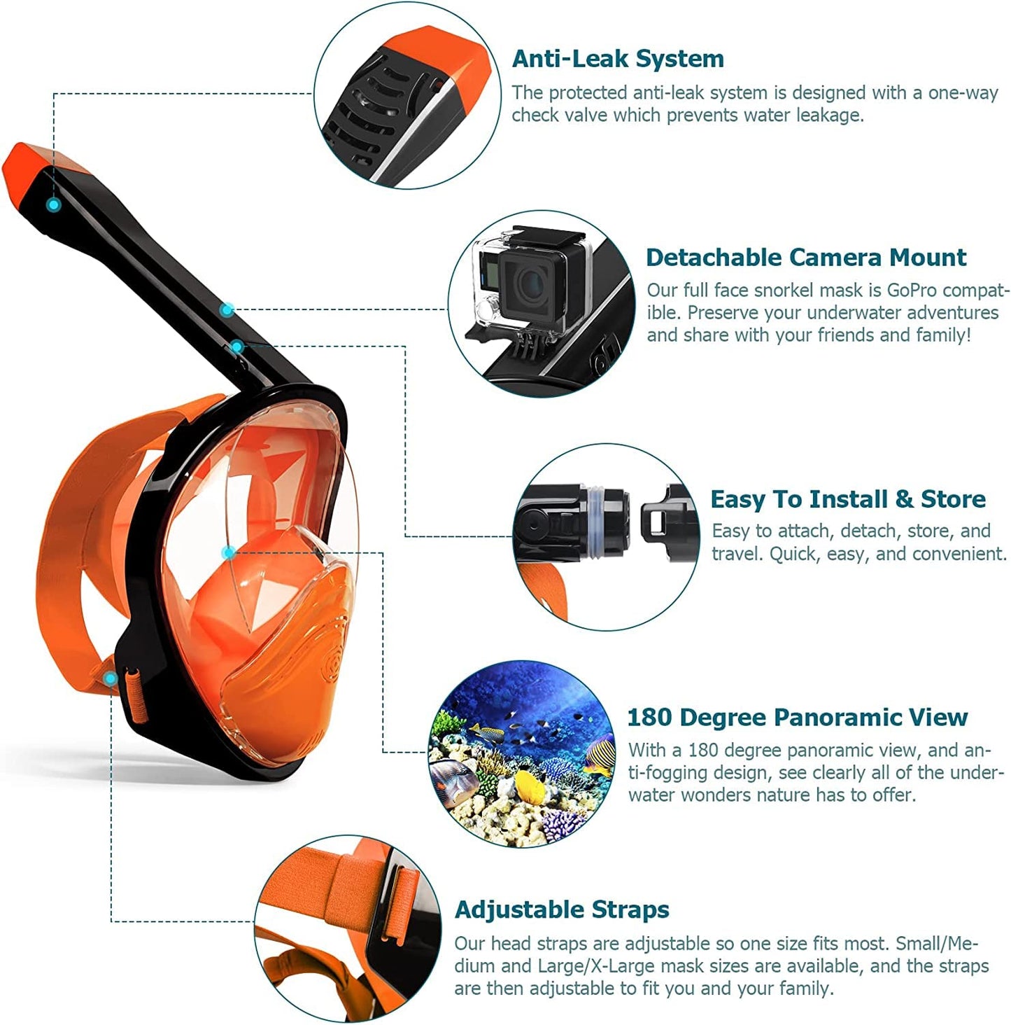 Relity Full Face Snorkel Mask with Upgraded Breathing System, Foldable 180° Panoramic View Anti-Leak Anti-Fog Snorkeling Gear for Adults with Detacha (Orange, Large-X-Large)