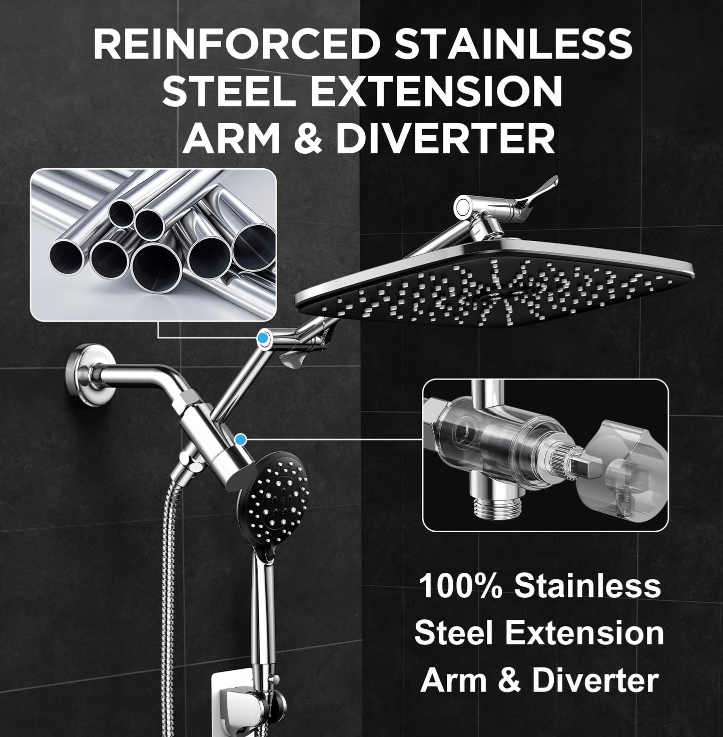 Veken Wide Rain Shower Head with Handheld, High Pressure Rainfall Showerhead Combo with Arm for Bathroom Accessories, Home Decor, Detachable Dual Shower with Multi Modes Handheld Spray, Silver Chrome