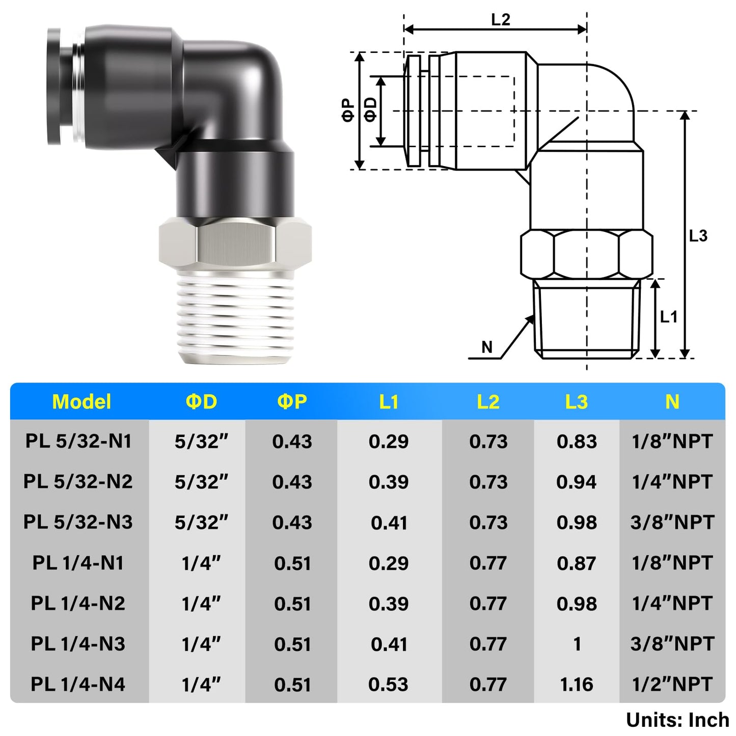 TAILONZ PNEUMATIC Male Elbow 1/4 Inch Tube OD x 1/8 Inch NPT Thread 90 Push to Connect Fittings PL-1/4-N1 (Pack of 10)