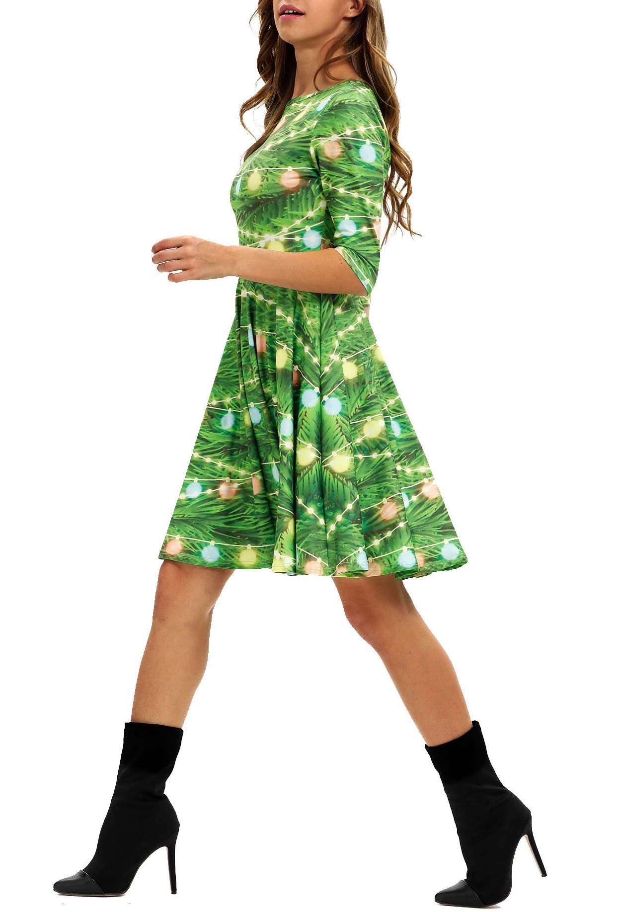Ainuno Womens Teen Girls Green Christmas Dress Funny Cute Fit and Flare Dresses,Christmas Lights XL