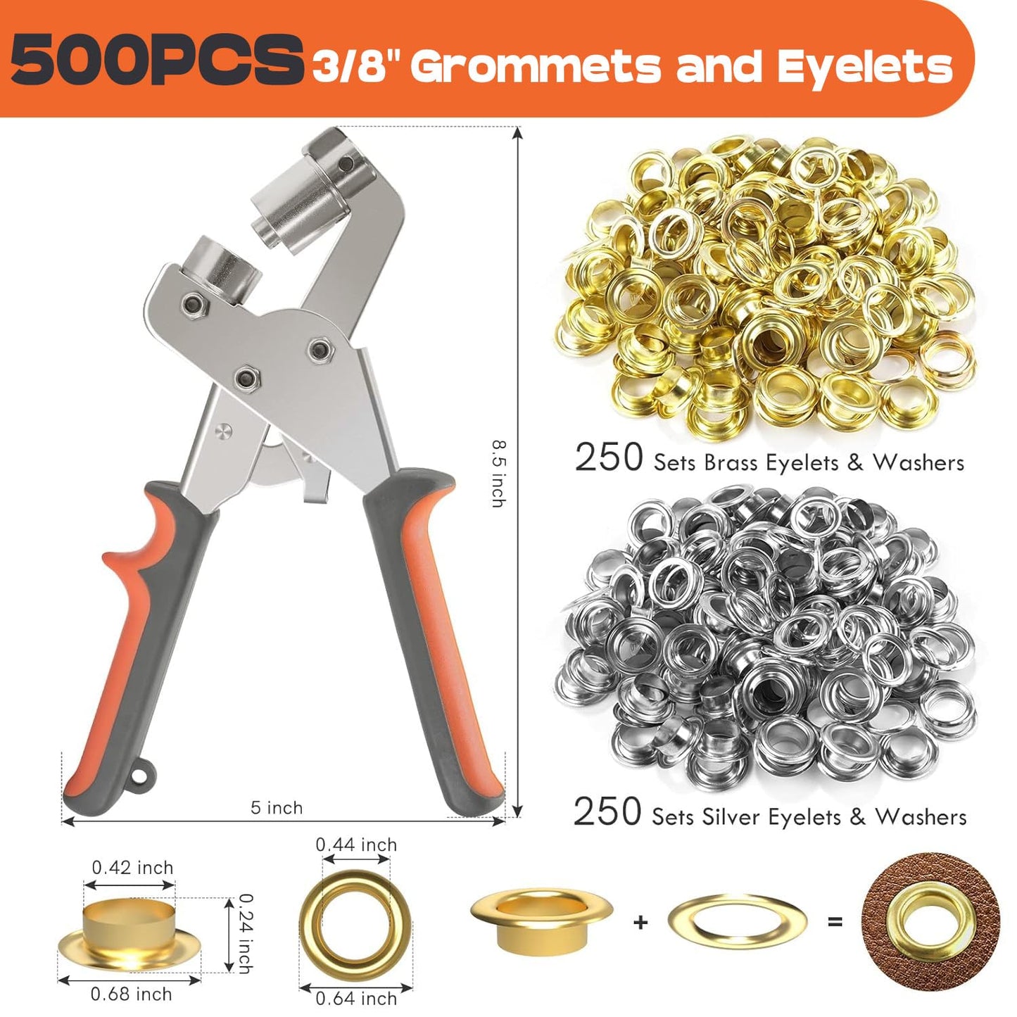 Grommet Kit NEU MASTER, Grommet Tool Kit 3/8 Inch Grommets Eyelet Plier Set with 500pcs Eyelets, Handheld Eyelet Kit Hole Punch Pliers Grommet Press Kits for Fabric Tarps Leather (10mm Grommets)
