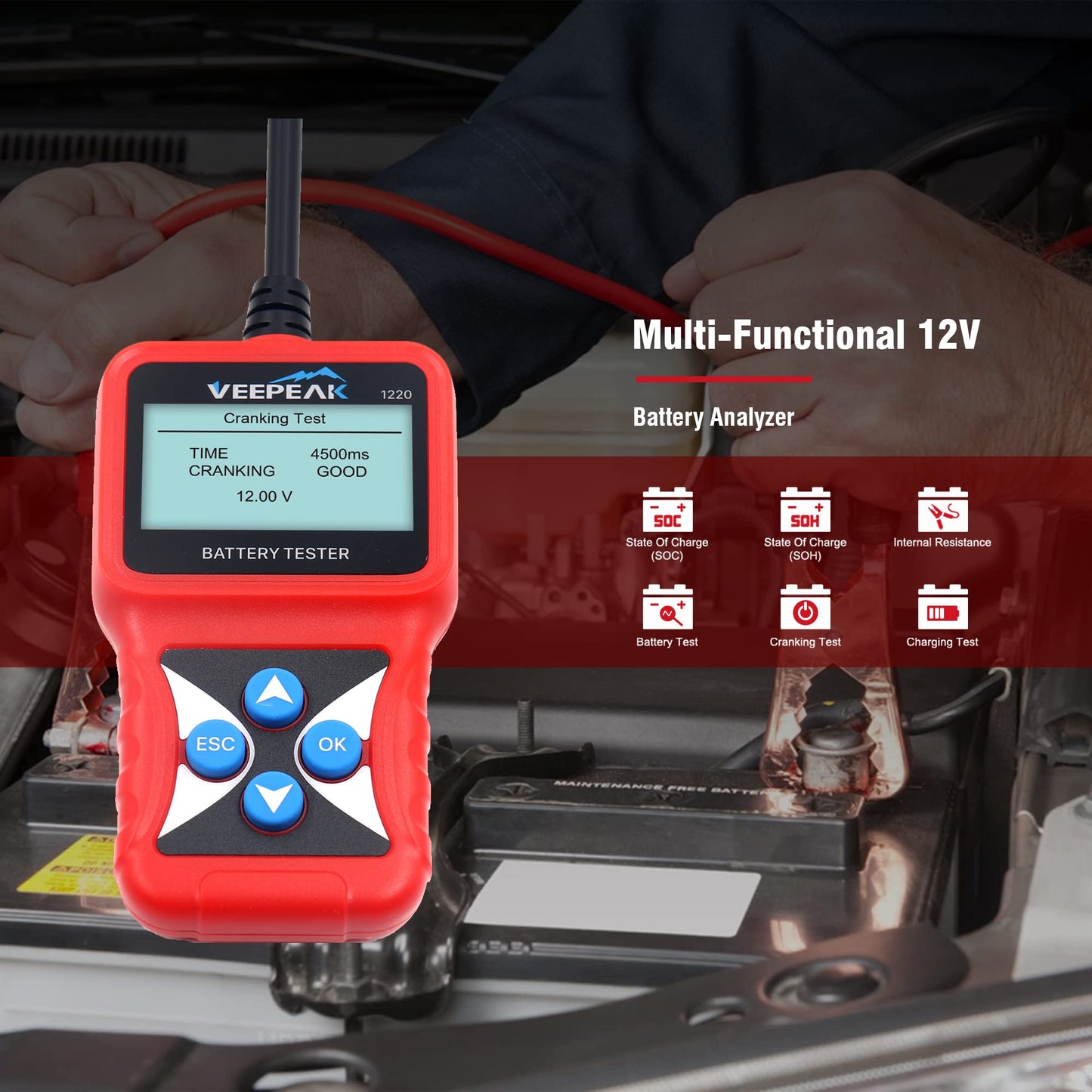 Veepeak 12V Car Battery Tester, Load Tester Automotive 100-2000 CCA Alternator Analyzer Digital Battery Vehicle Charging & Cranking System Testing Tool for Cars Trucks Motorcycles Boats ATVs RVs