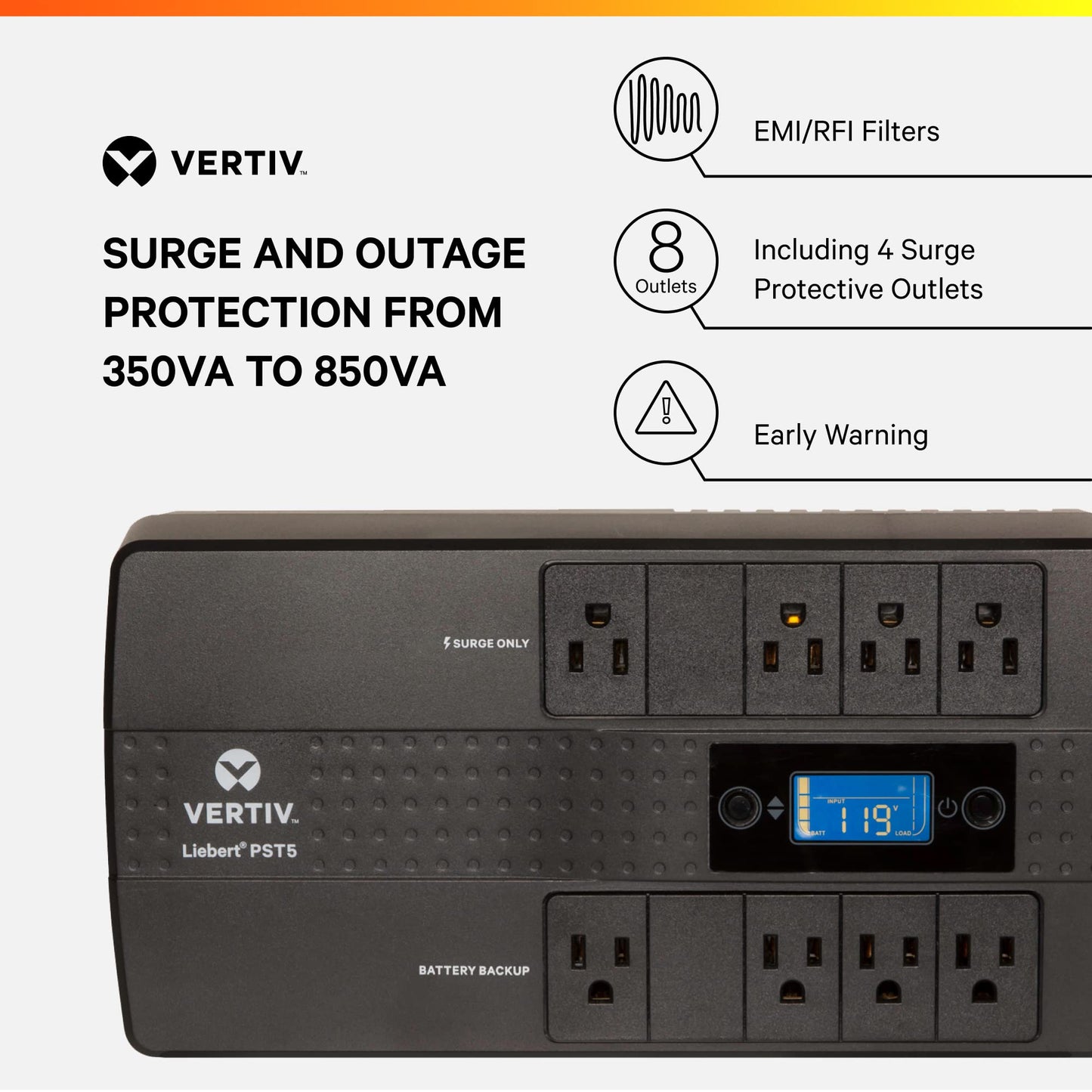 Vertiv Liebert PST5 UPS - 850VA/500W 120V Standby Power, 8 Outlets, Battery Backup with Surge Protection, LCD Screen, Energy Star Certified, 3 Year Warranty, Free Shutdown Software (PST5-850MT120)
