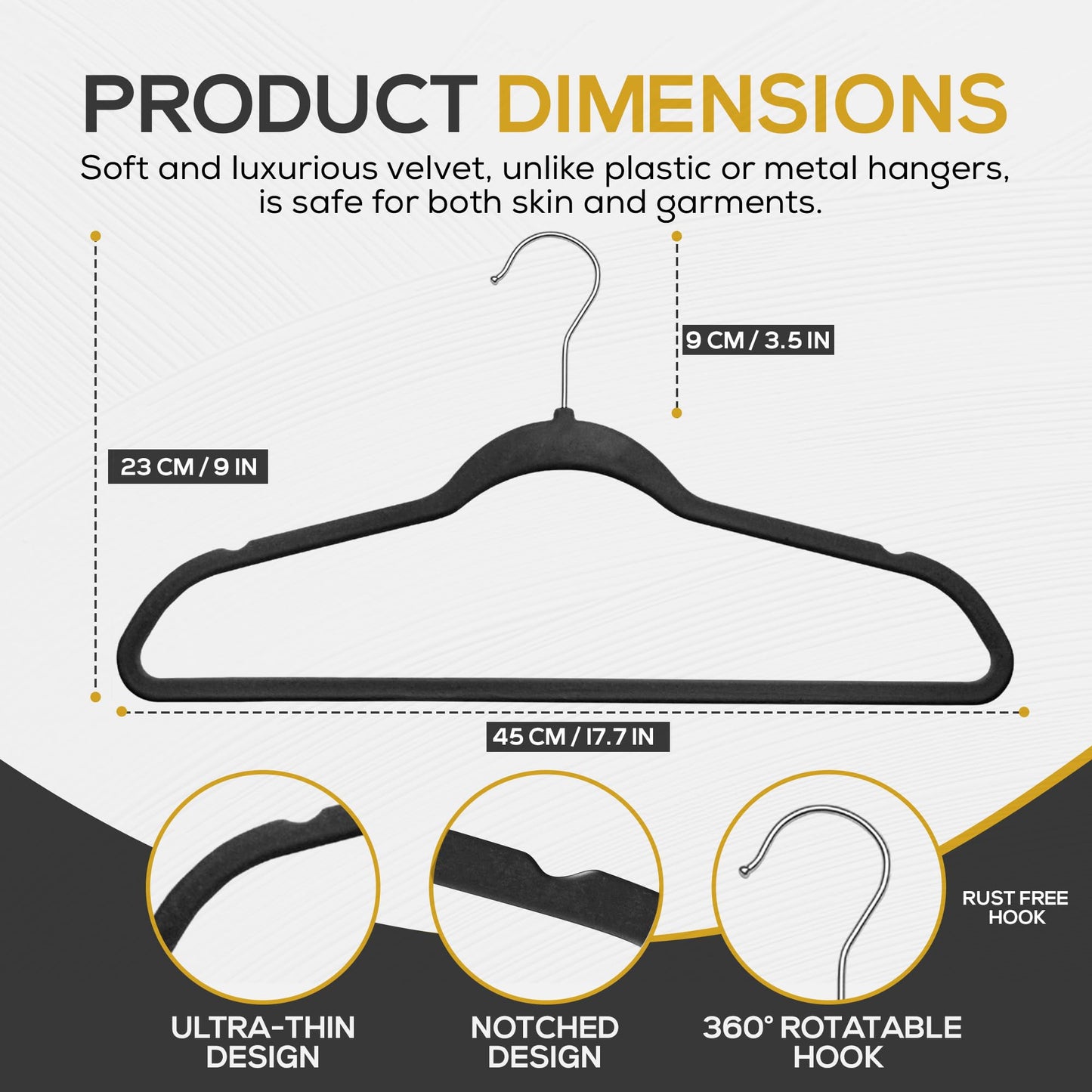 TECHZOO 50 Pack New Premium Quality Velvet Hangers Ultra Thin Non Slip Adult Felt Space Saving Hangers for Closet Heavy Duty Coat Pants Jackets Dress Hangers 360° Swivel Hook Hold Upto 10 lbs Black