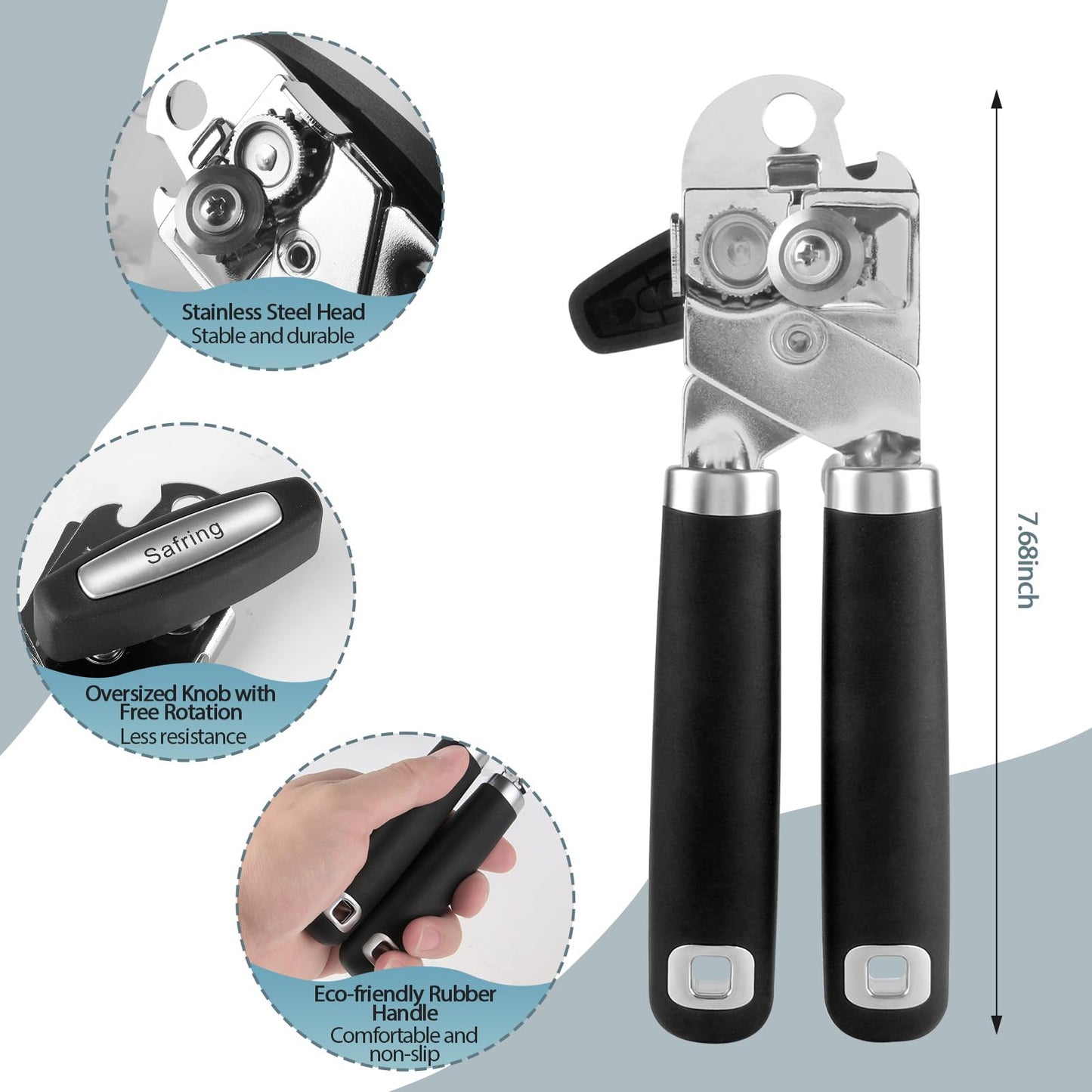 Safring Can Opener Manual, Heavy Duty Handheld Strong Can Opener with Soft Touch Handle, Sharp Blade Smooth Edge, Can Openers with Multifunctional Bottle Opener, Black