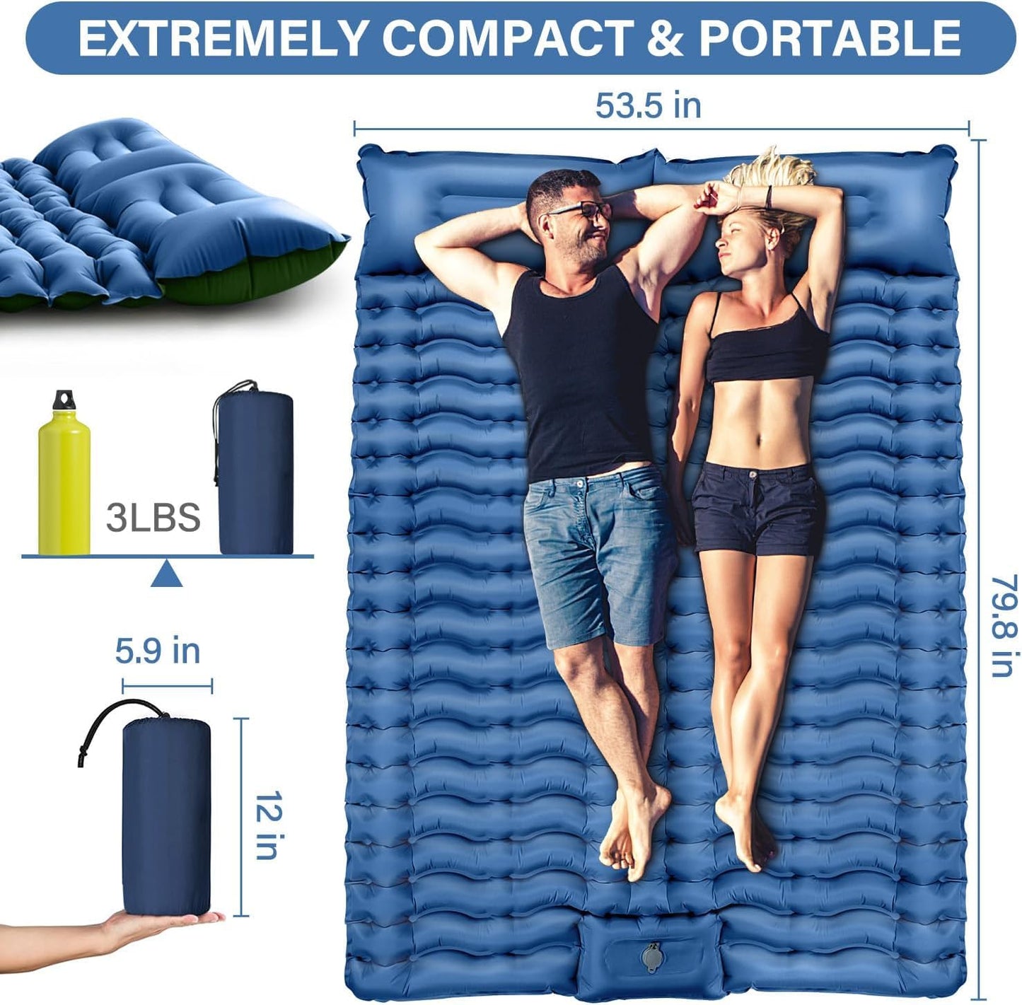 Camping Sleeping Pad, Ultralight Camping Mat with Pillow, Built-in Foot Pump Inflatable Sleeping Pads Compact for Camping Backpacking Hiking Traveling Tent,Double, Blue.