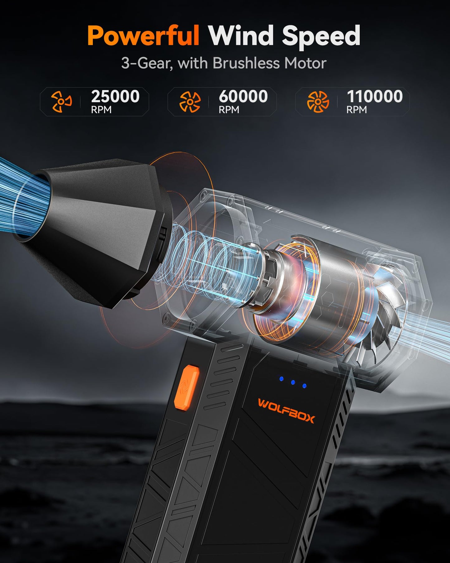 WOLFBOX MF50 Compressed Air Duster-110000RPM Super Power Electric Air Duster, 3-Gear Adjustable Mini Blower with Fast Charging, Dust Blower for Computer, Keyboard, House, Outdoor and Car