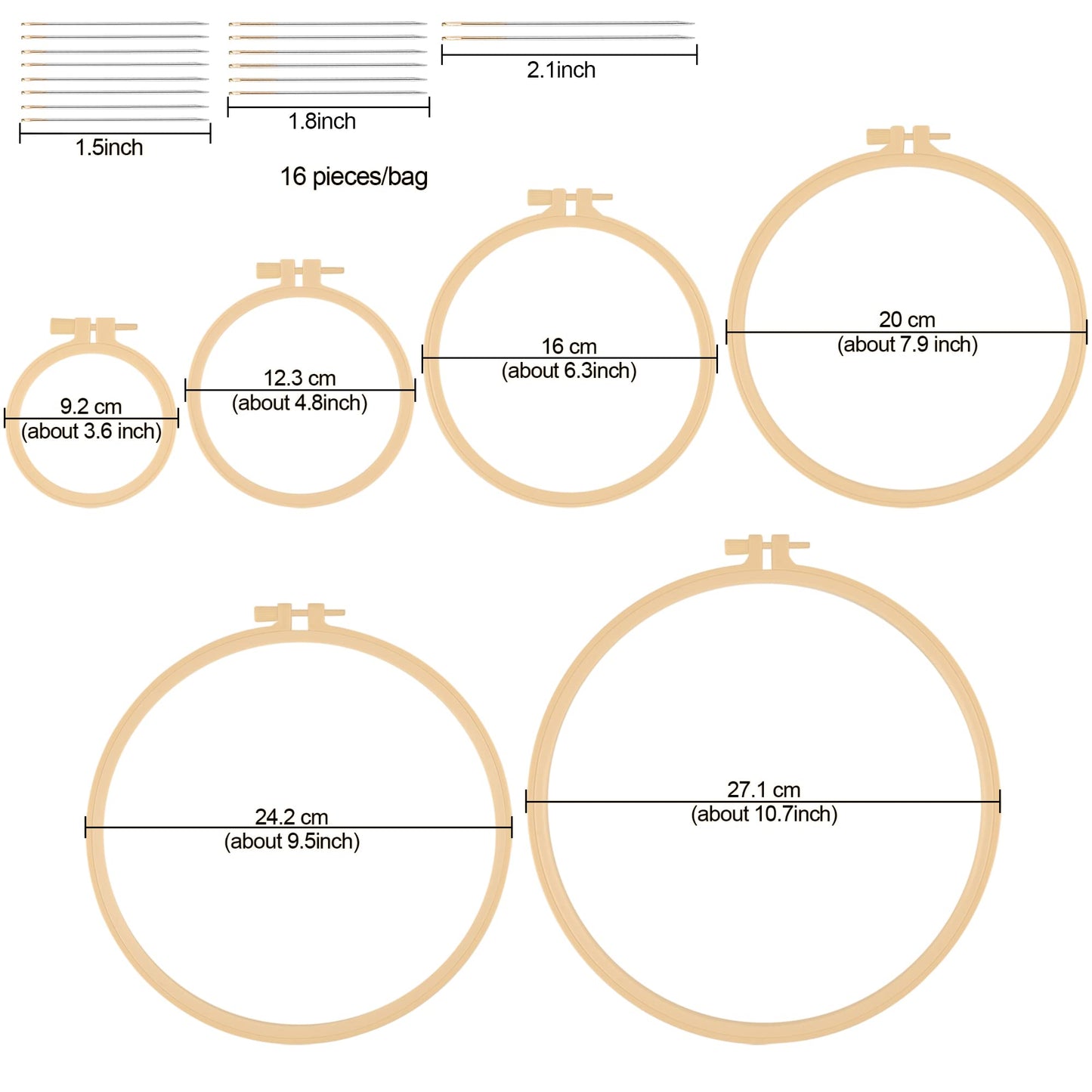 6 Pcs Embroidery Hoop 6 Size, Round Plastic Cross Stitch Hoop with 16 Needles (3.6In to 10.7 in), Small Embroidery Hoop, Cross Stitch Hoops and Frames, Suitable for Embroidery, Craft Sewing