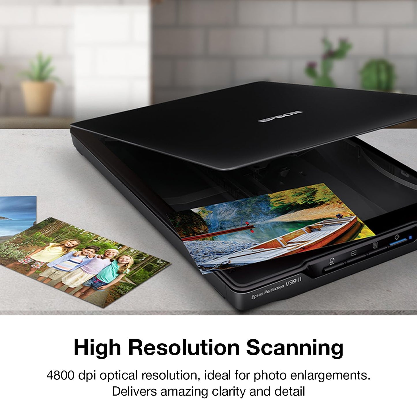 Epson - Perfection V39 II - Color Photo and Document Flatbed Scanner - 4800 dpi Optical Resolution - High-Rise, Removable Lid - Scan to Cloud - USB Power - Image Scanning - Black