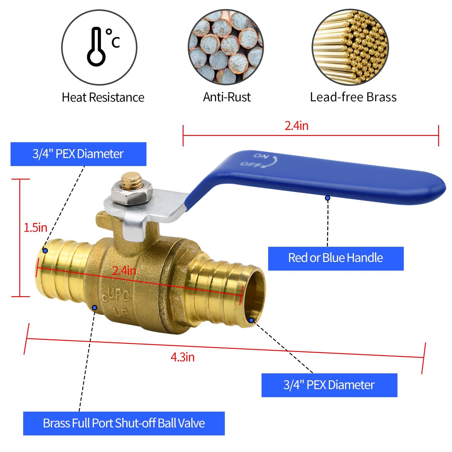 4/10/20pcs PEX Ball Valves, 3/4" PEX Brass Full Port Shut Off Ball Valve, Full Port Shut-off Ball Valve, Quarter Turn HOT (RED) COLD (BLUE) of Water Stop Shut off (3/4", 10pcs)