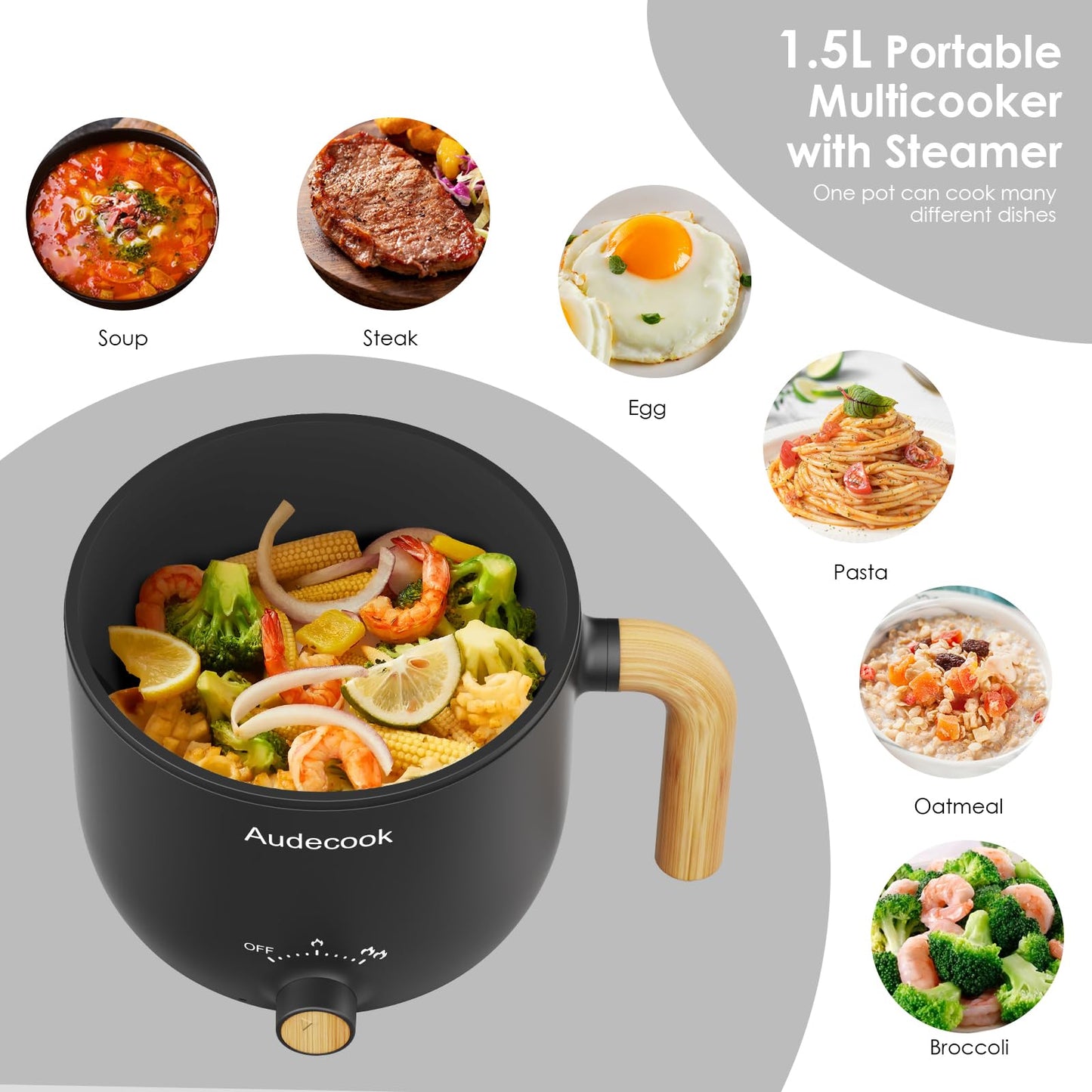 Audecook Hot Pot Electric with Steamer, 1.5L Portable Nonstick Rapid Noodles Cooker, Travel Electric Skillet with Dual Power Control for Pasta/Soup/Steak/Egg/Oatmeal(Black)