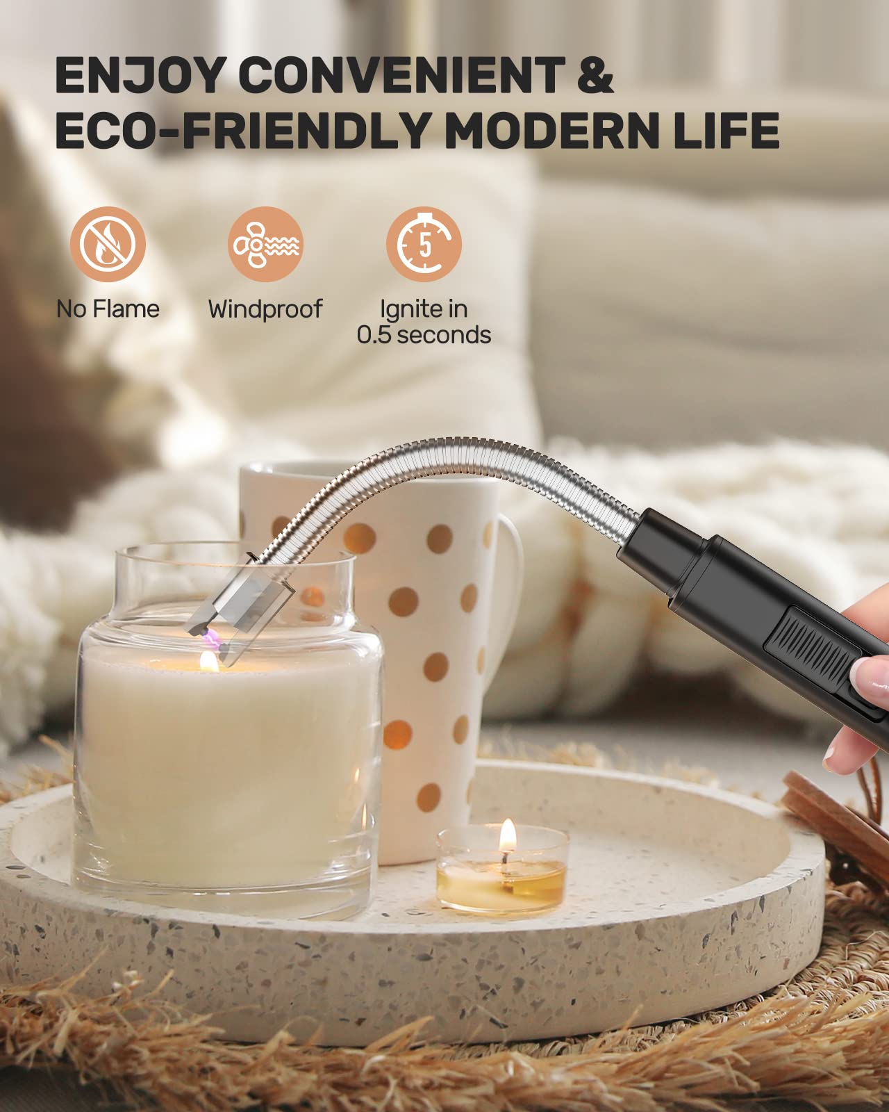 RONXS Electric Lighter, Candle Lighters USB Rechargeable Arc Lighter with Hanging Hook, LED Battery Display Long Lighters for Candle Grill BBQ Home Outdoor