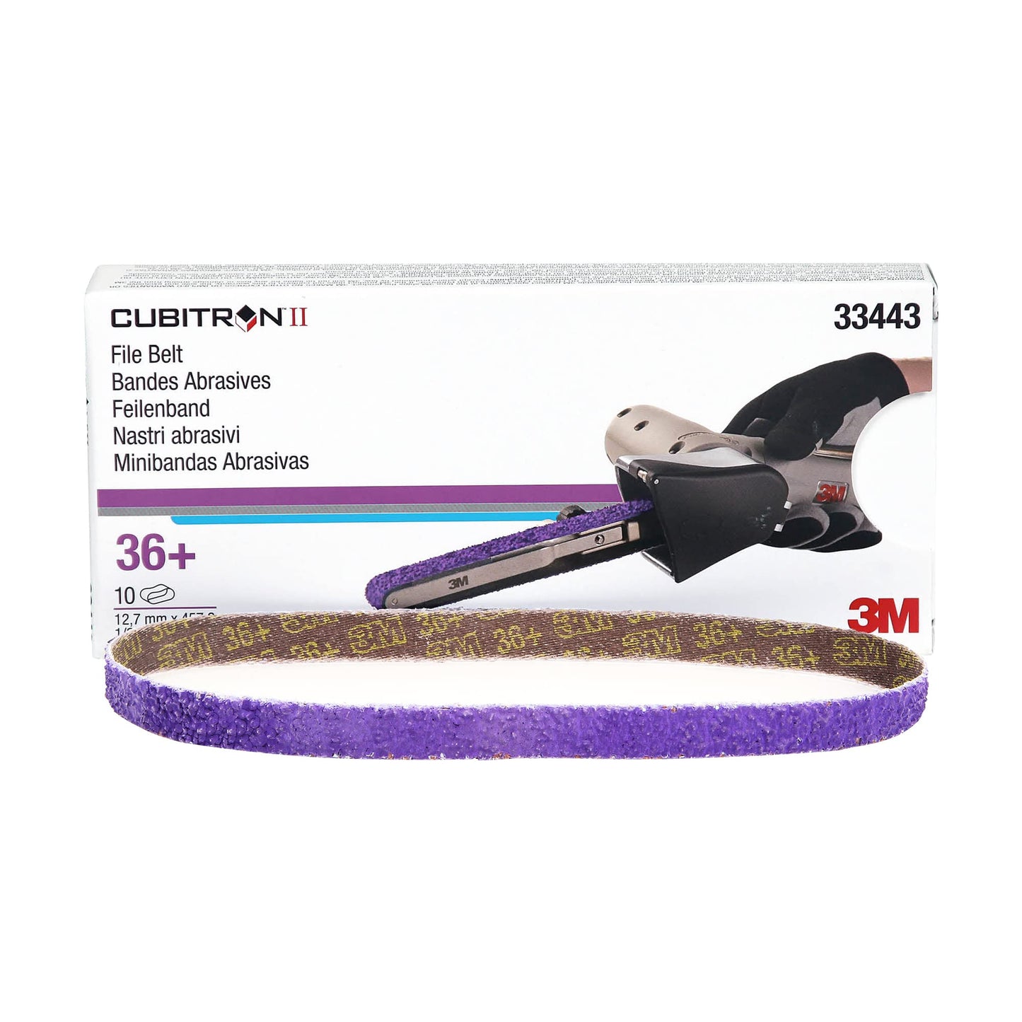 3M Cubitron II File Belt, 33445, 60+ Grit, 1/2 in x 18 in, Pack of 10 File Belts, Resin Bonded, Spot Weld Removal