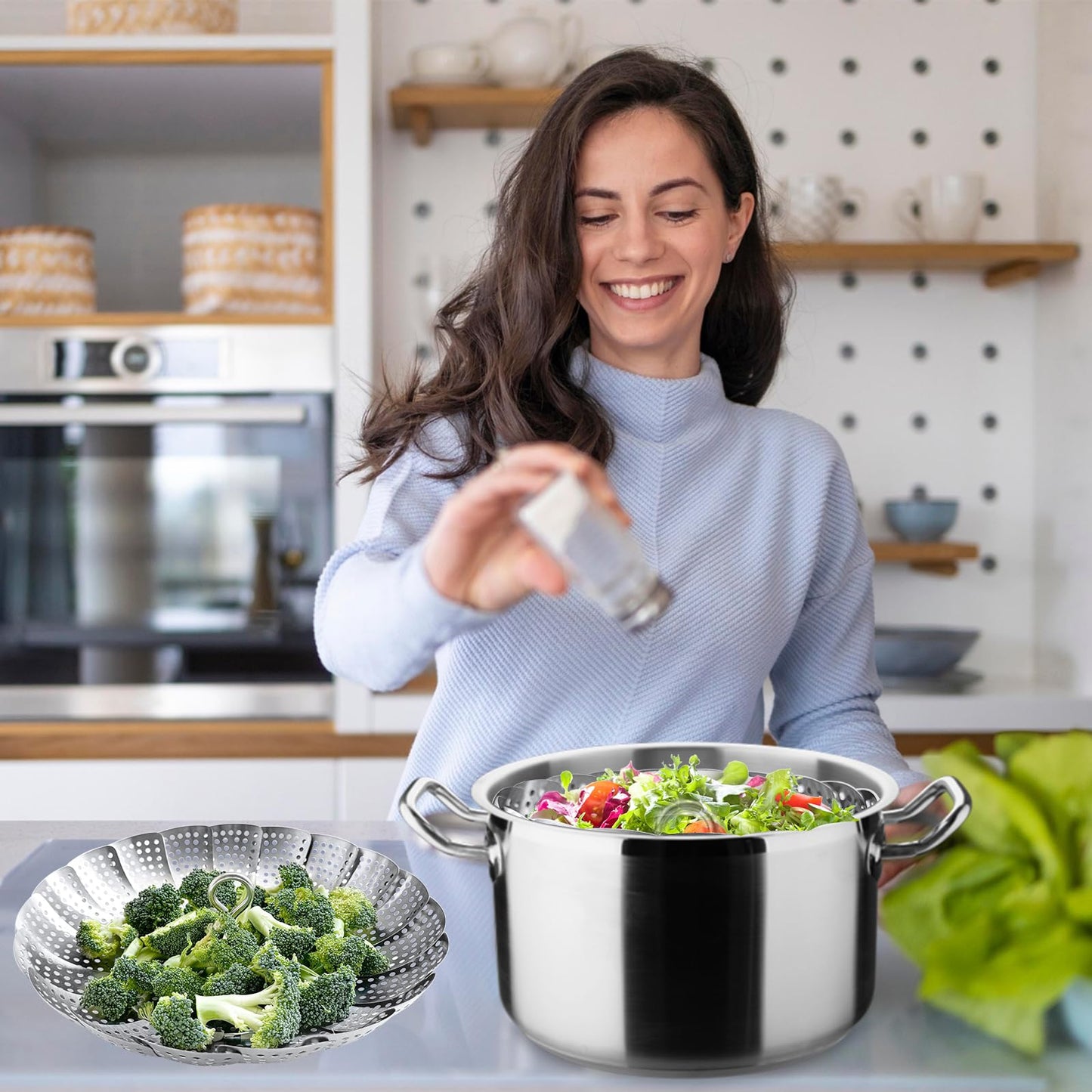 Steamer Basket Stainless Steel Instant Pot Accessories for Food and Vegetable, Zocy Premium Expandable Steam Basket to Fit Various Size Pots Medium (6.1" to 10.2"))