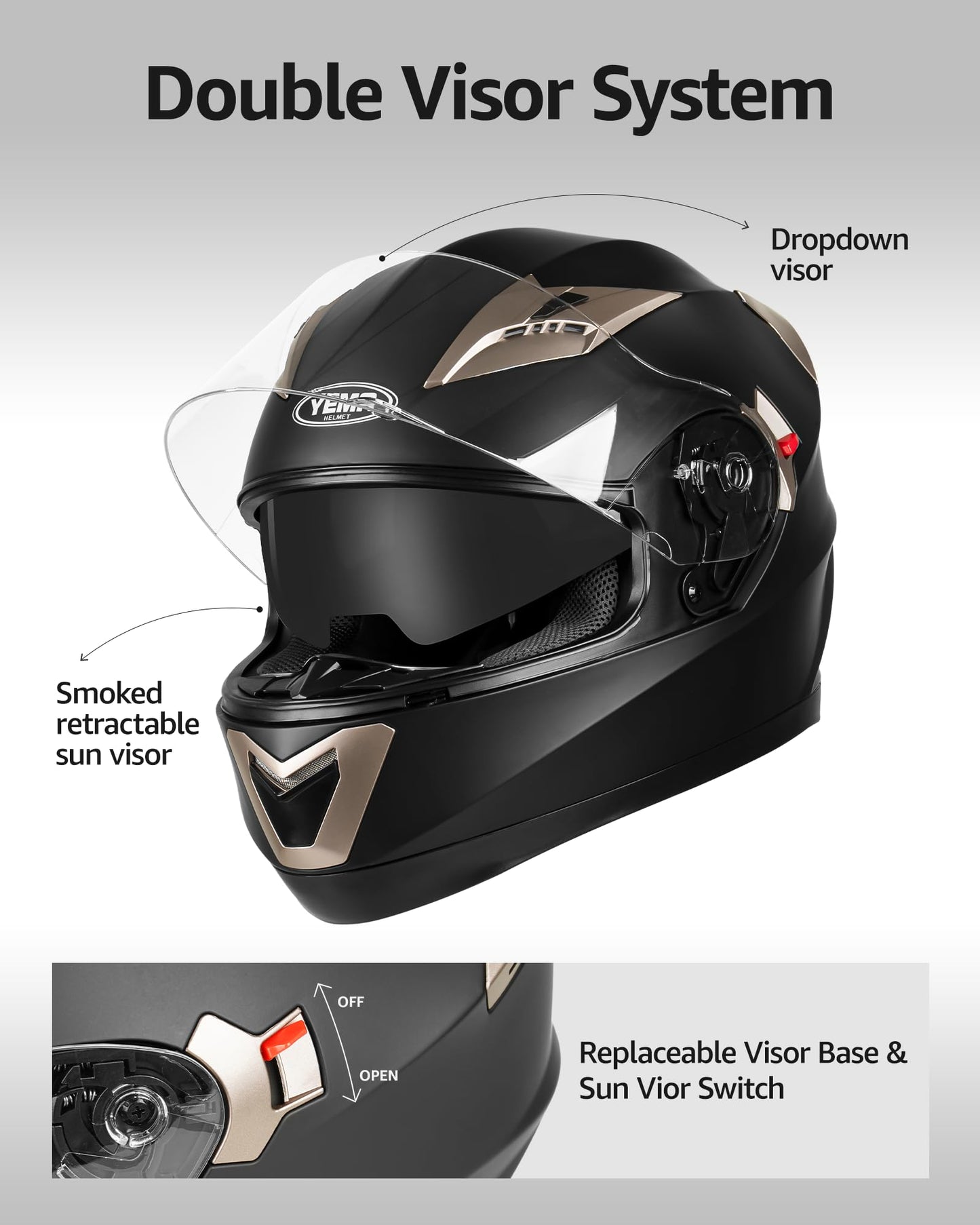 YEMA Motorcycle Full Face Helmet DOT Approved Helmet YM-829 Motorbike Moped Street Bike Racing Casco Moto Helmet with Sun Visor for Adult,Youth Men and Women - Matte Black,M