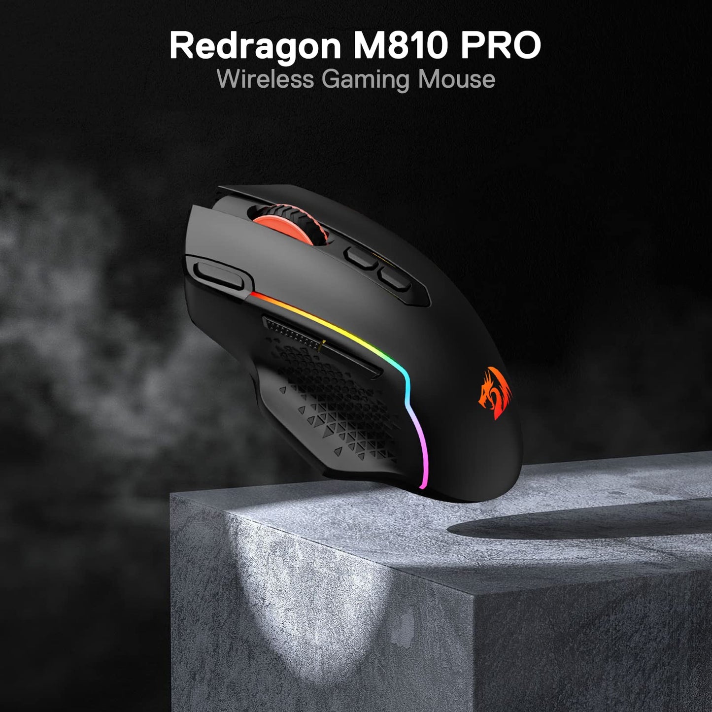 Redragon M810 Pro Wireless Gaming Mouse, 10000 DPI Wired/Wireless Gamer Mouse w/Rapid Fire Key, 8 Macro Buttons, 45-Hour Reliable Power Capacity and RGB Backlit for PC/Mac/Laptop
