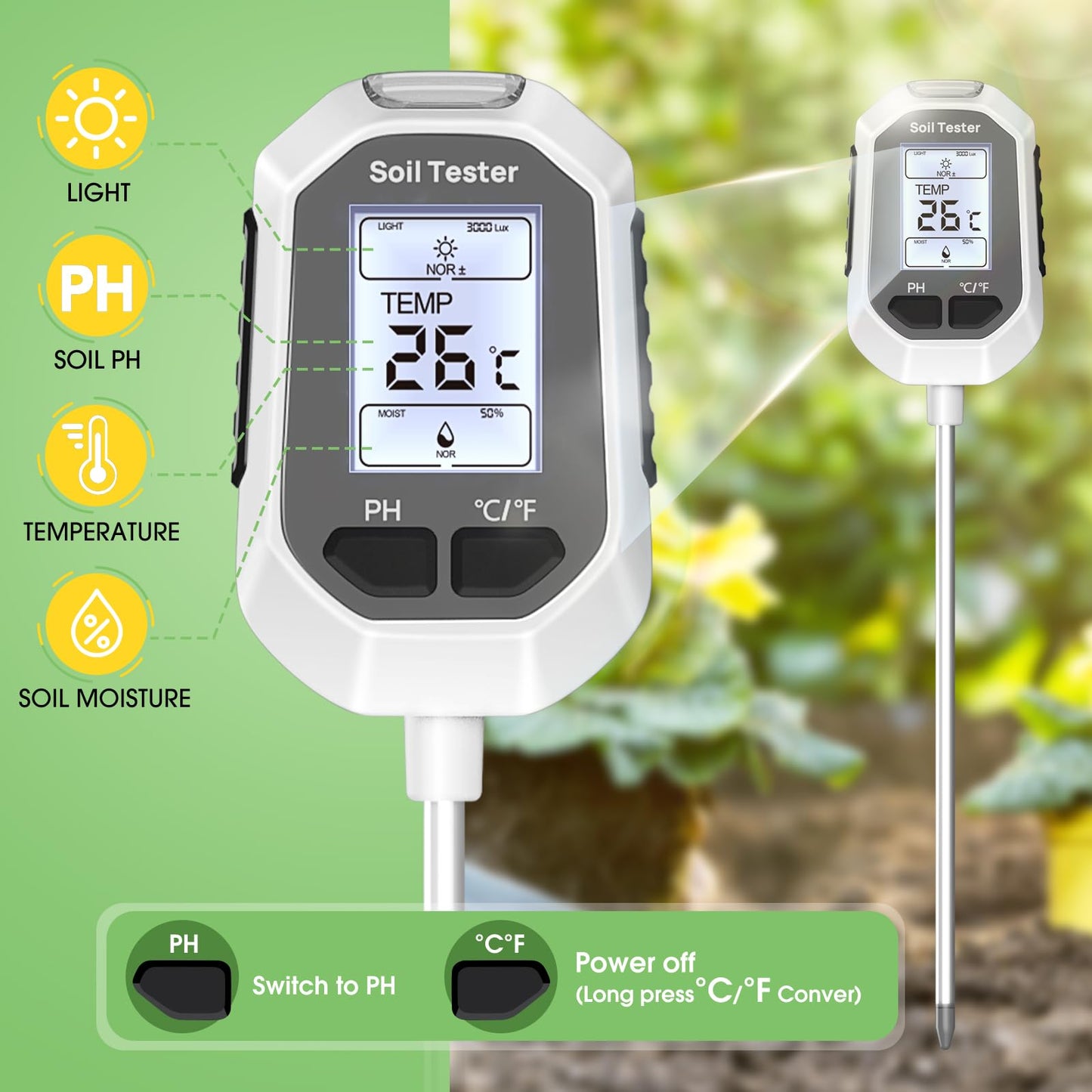 YAMRON 4-in-1 Soil Moisture Meter Digital Plant Temperature/Soil Moisture/PH Meter/Sunlight Intensity Backlight LCD Display Soil Test Meter for Gardening, Farming and Outdoor Plants