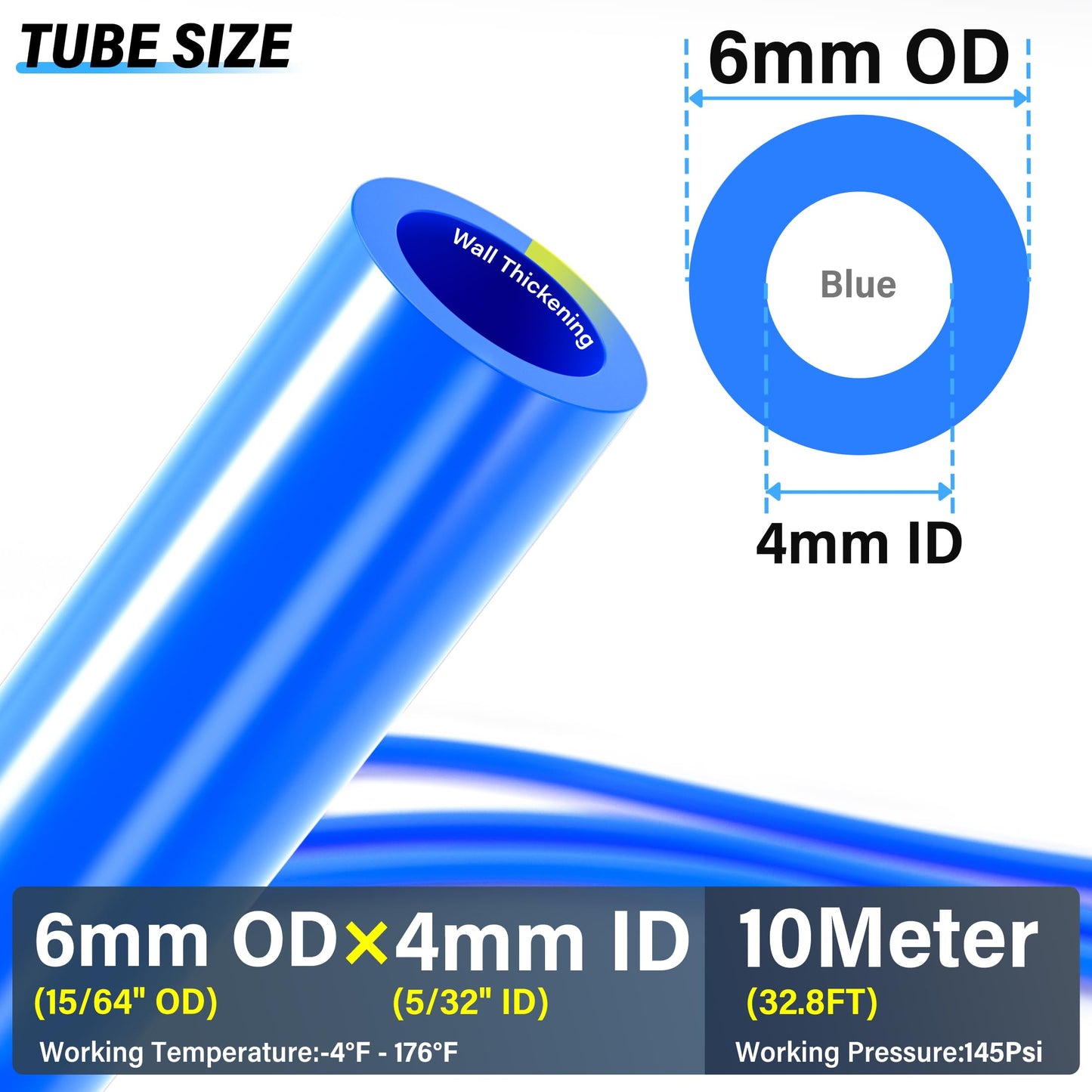 TAILONZ PNEUMATIC Blue 6mm OD 4mm ID Polyurethane PU Air Hose Pipe Tube Kit 10 Meter 32.8ft