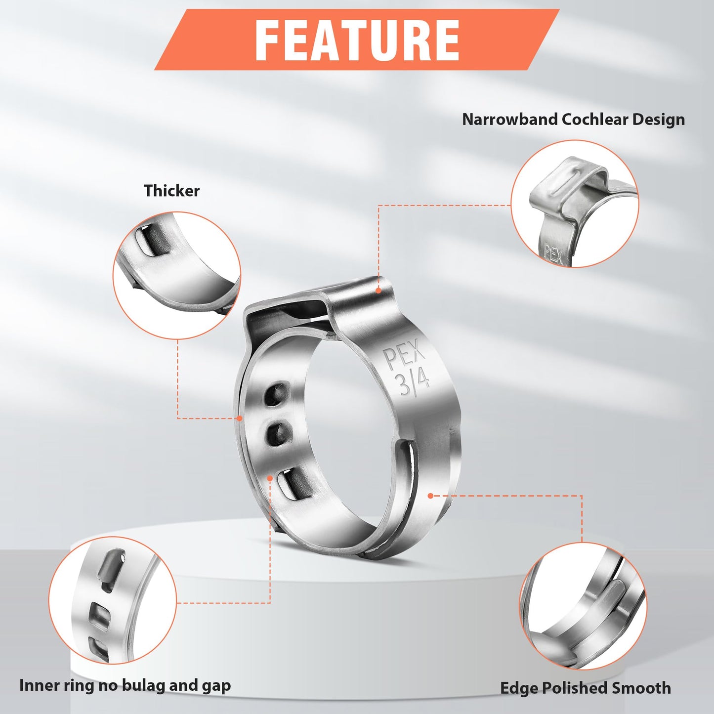 WYSIWYKA 120pcs 3/4 inch PEX Cinch Clamps Rings, 304 Stainless Steel Single Ear Hose Clamps, Pex Crimp Rings for PEX Tubing Pipe Fitting Connections