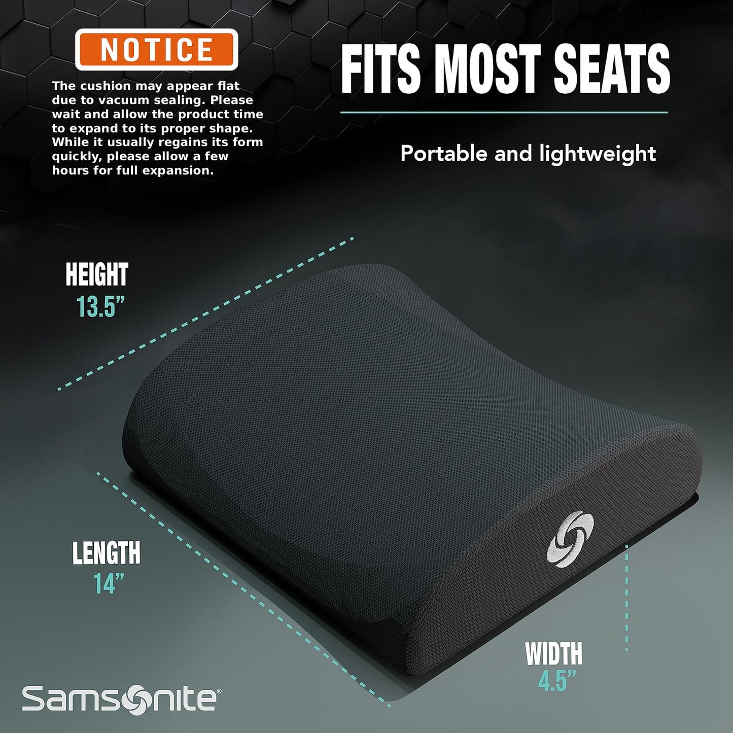 SAMSONITE Lumbar Support Pillow For Office Chair and Car Seat, Perfectly Balanced Memory Foam , Versatile Use Lower Back Cushion
