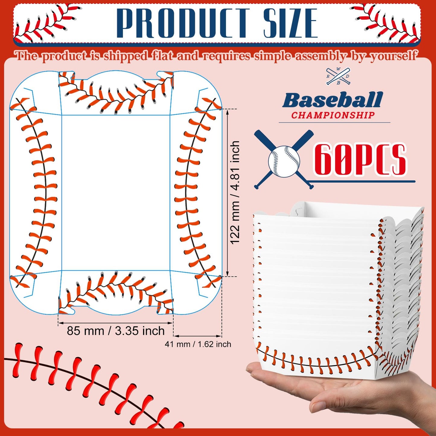 Cunhill 60 Pack Baseball Party Supplies Set Baseball Birthday Decorations Disposable Paper Food Serving Tray Boats Tray for Concession Food, Condiment, Carnivals