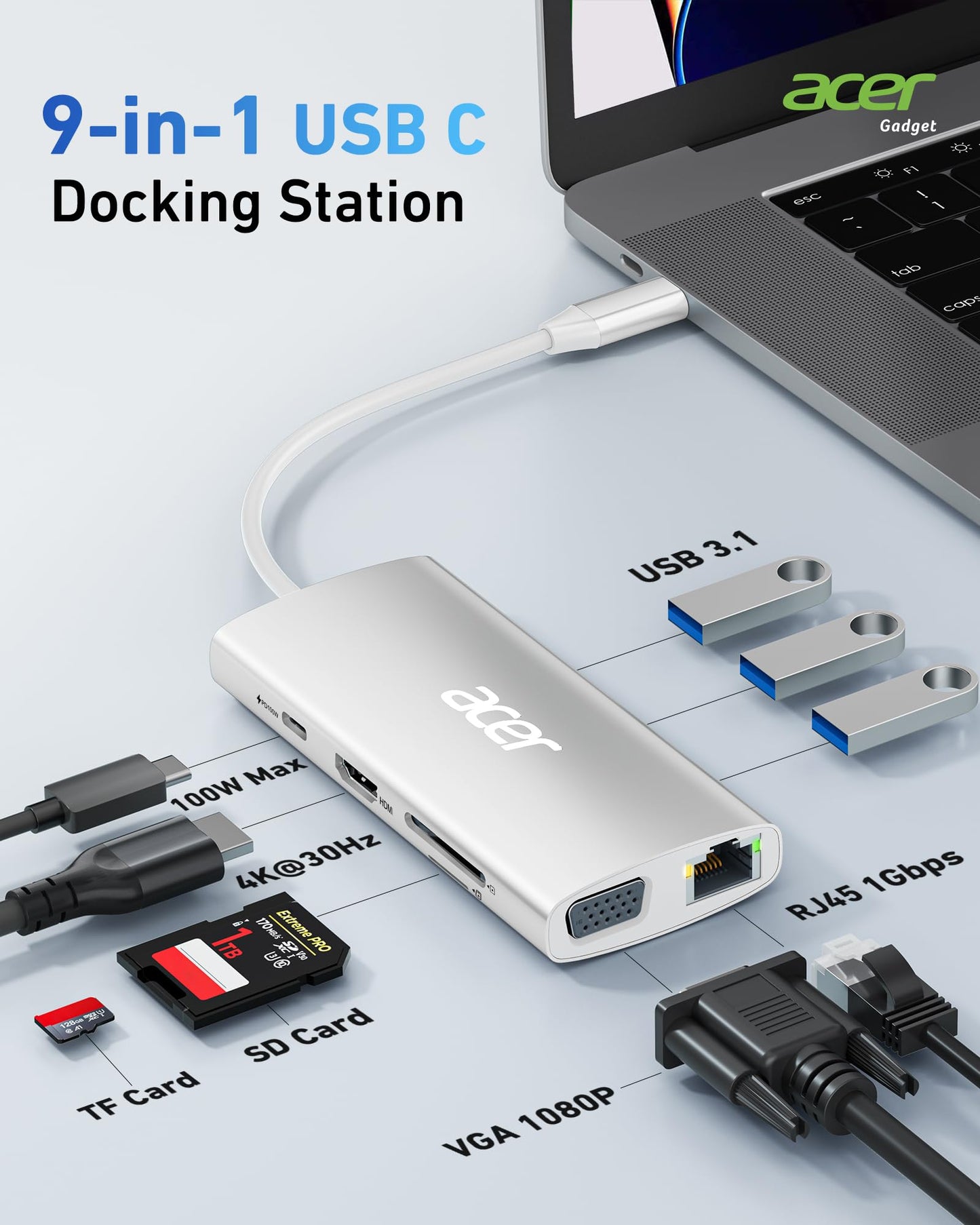 Acer USB C Hub with 4k@30Hz HDMI, 9-in-1 USB C to Ethernet Adapter, 5Gbps USB-A 3.1 Docking Station, PD 100W Charging, SD Card Reader, USB to VGA Splitter for MacBook, Acer, Laptops, Surface (Silver)
