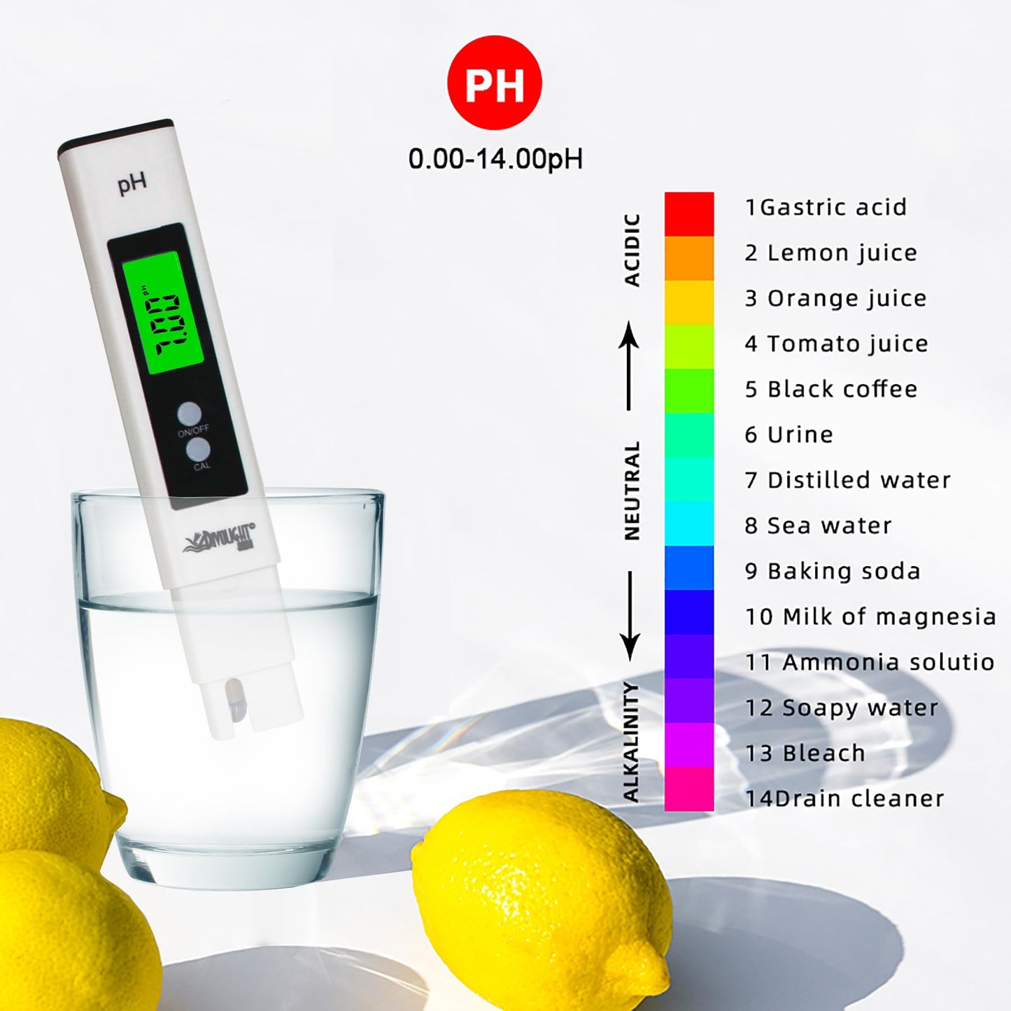 Divolight Digital PH Meter - High Accuracy Digital Water Quality Tester with 0-14 PH Measurement Range for Household Drinking, Pool and Aquarium with ATC