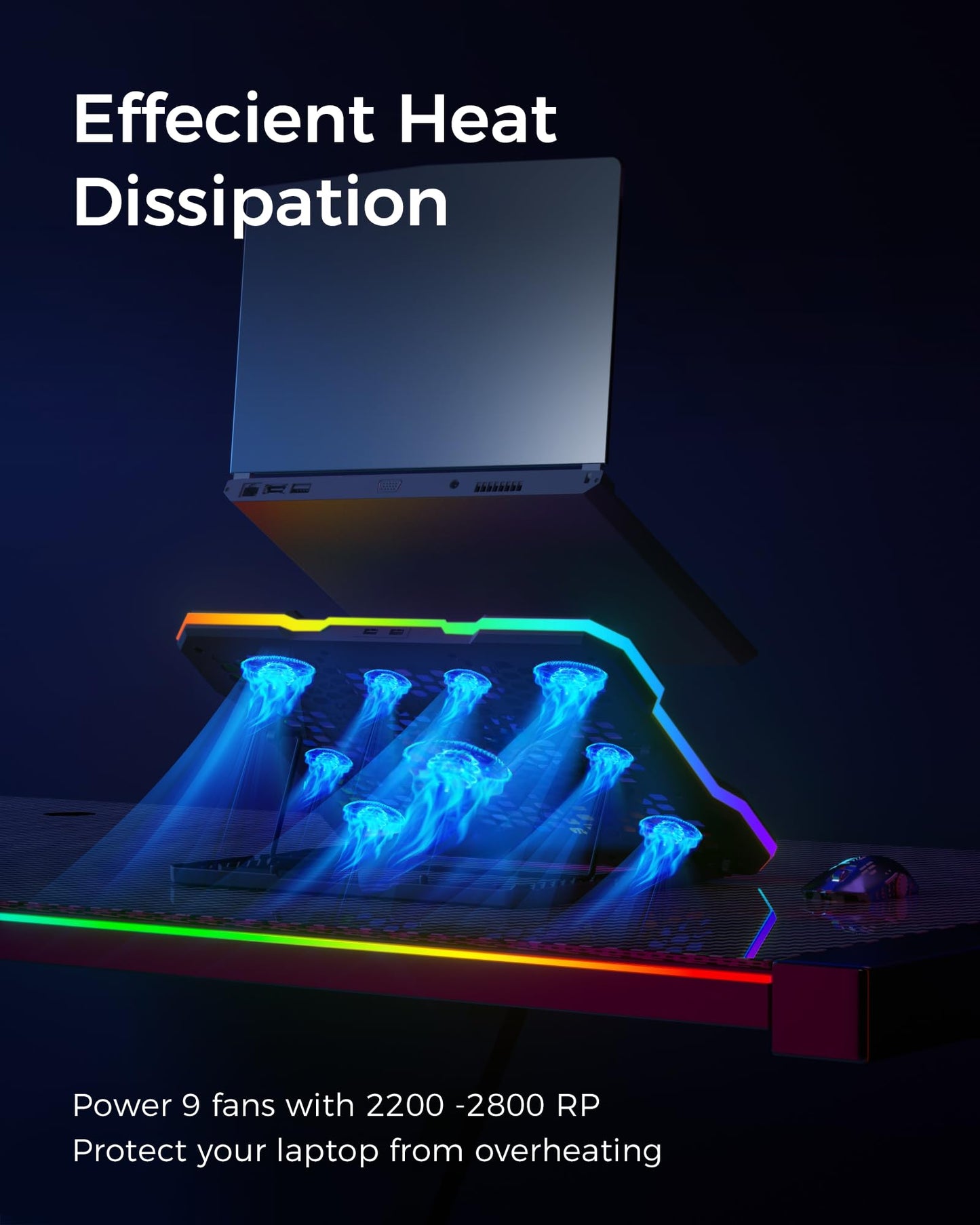 ChillCore Laptop Cooling Pad, RGB Lights Laptop Cooler 9 Fans for 15.6-19.3 Inch Laptops, Gaming Laptop Fan Cooling Pad with 8 Height Stands, 2 USB Ports - A21 Blue