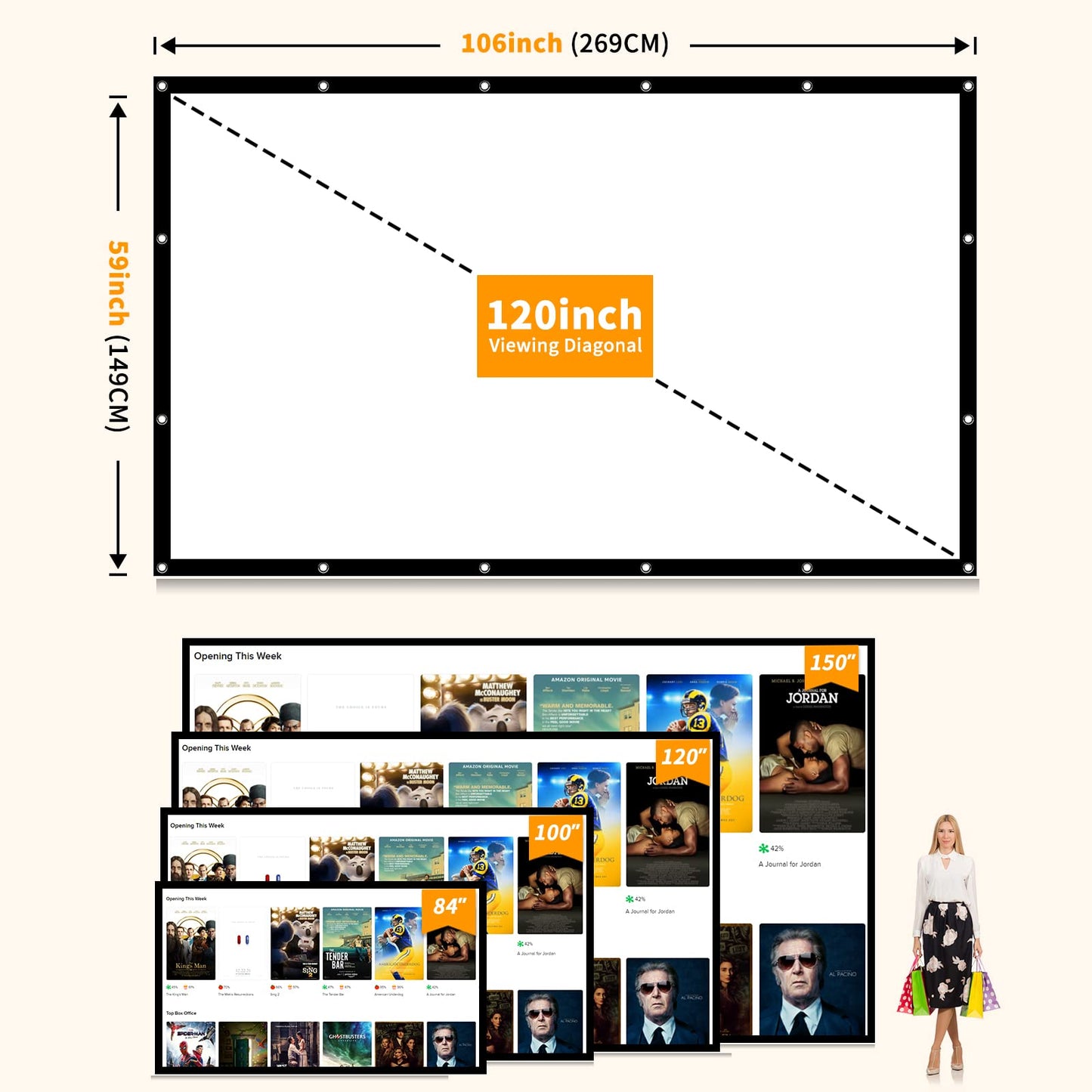 Taotique Projector Screen 120 inch, Movie Projector Screen 16:9 Foldable and Portable Anti-Crease Indoor Outdoor Projection Double Sided Video Projector Screen for Home, Party, Office, Classroom