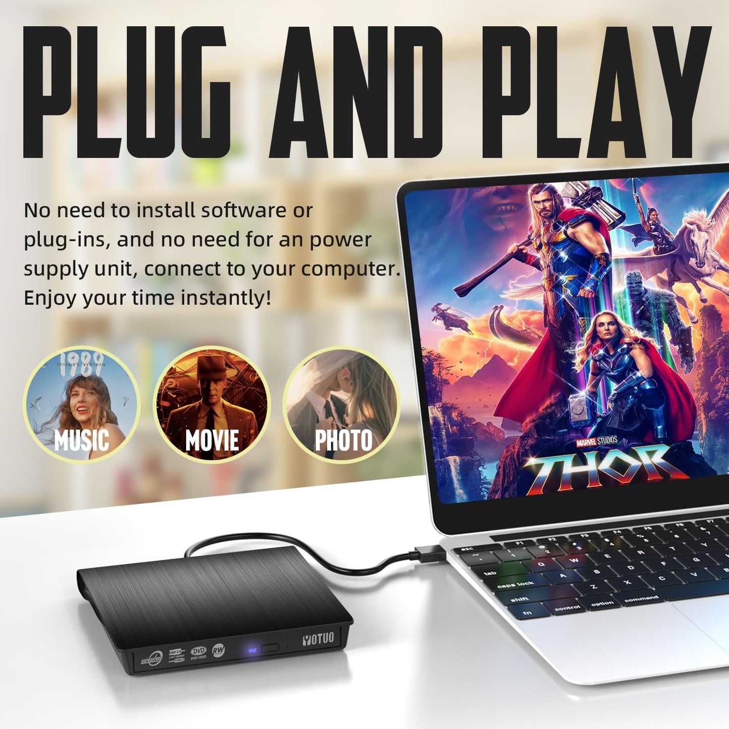 YOTUO External DVD Drive, Portable USB 3.0 CD +/-RW Drive DVD Player for ROM Rewriter Burner for Laptop Desktop, Compatible with Windows 7/8/10/11 Mac MacBook Pro/Air… (DVD Burner)