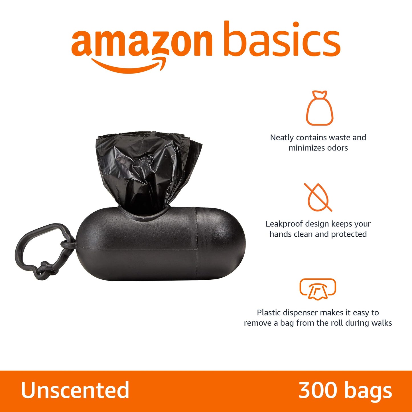 Amazon Basics Dog Poop Bags with Dispenser, 300 Count, Enhanced for Guaranteed Leakproof, Unscented, Includes Leash Clip