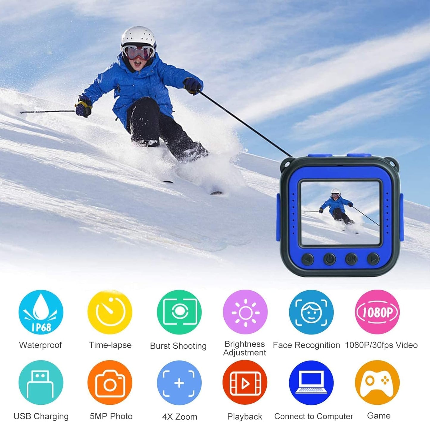 PROGRACE Kids Waterproof Camera for Kids Action Video Digital Camera 1080 HD Toy Cameras for Boys Birthday Christmas New Year Gifts, Blue