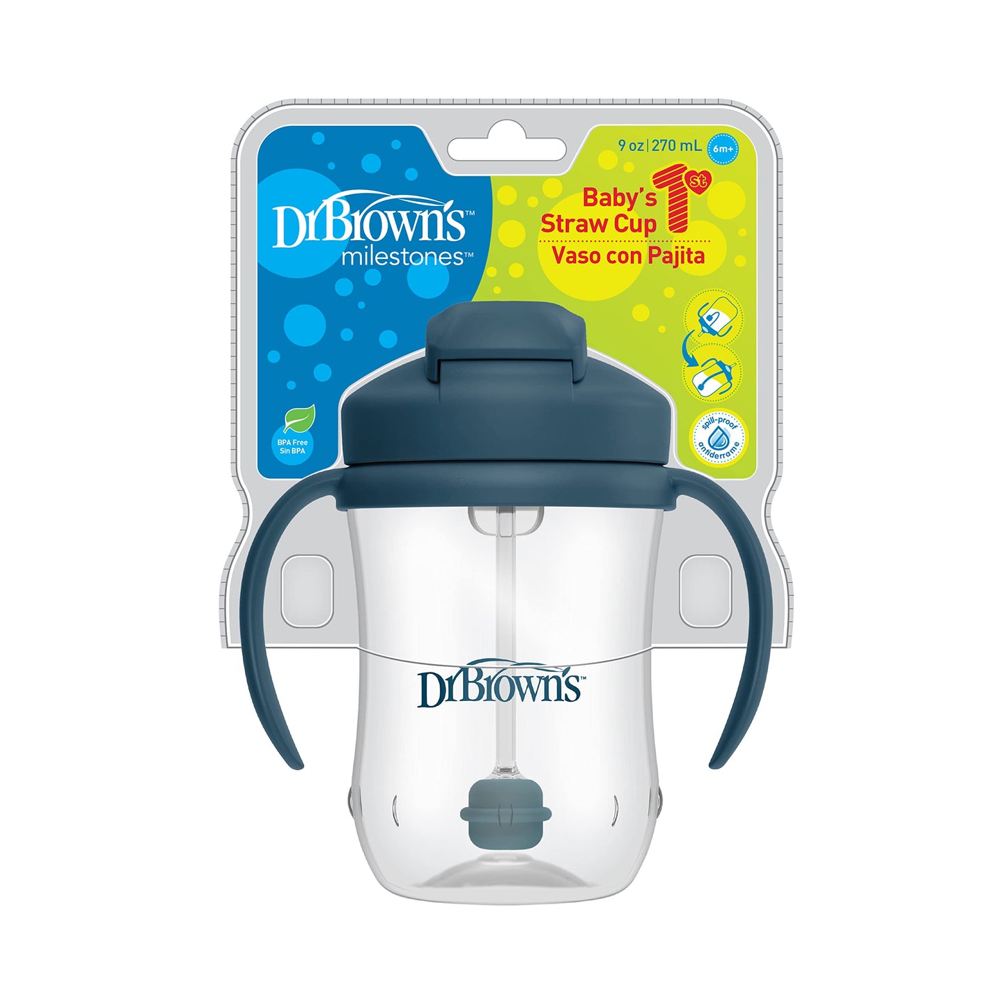Dr. Brown's Milestones Baby's First Straw Cup, Training Cup with Weighted Straw, 9oz/270mL, Dark Blue, BPA Free, 6m+