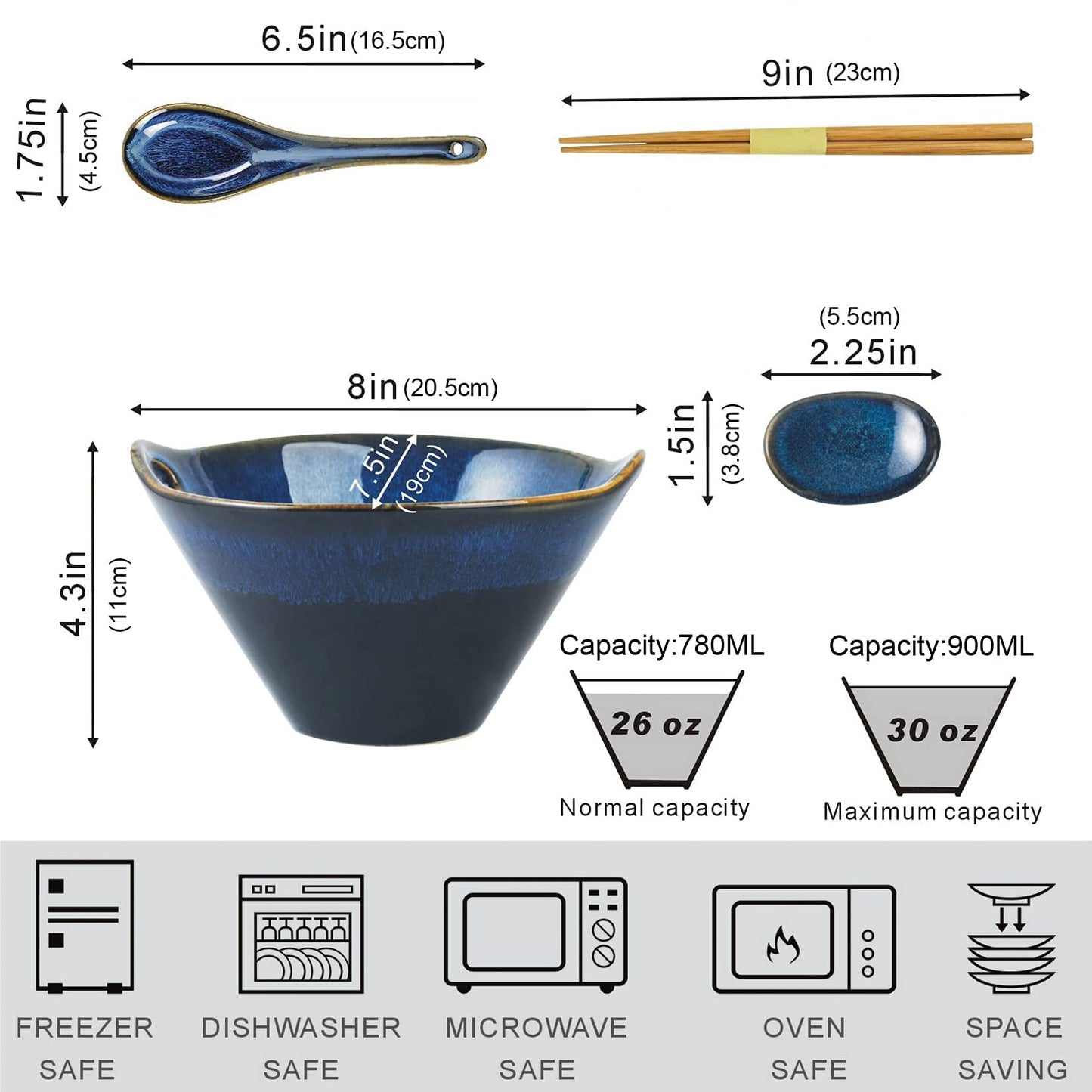 UNICASA Japanese Ramen Bowl Set with Chopsticks, Spoons and Rests, 26oz Deep Porcelain Noodle Bowl Set of 2 for Udon, Pho, Salad, Soup (Reactive Blue)