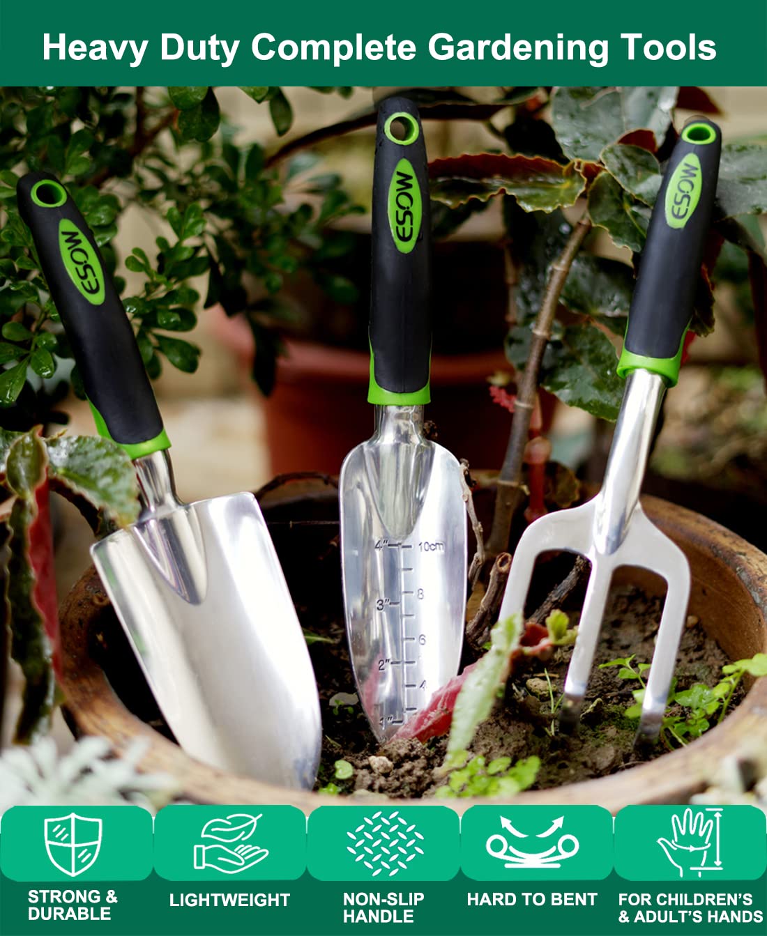 ESOW Garden Tool Set, 3 Piece Cast-Aluminum Heavy Duty Gardening Kit Includes Hand Trowel, Transplant Trowel and Cultivator Hand Rake with Soft Rubberized Non-Slip Ergonomic Handle, Garden Gifts