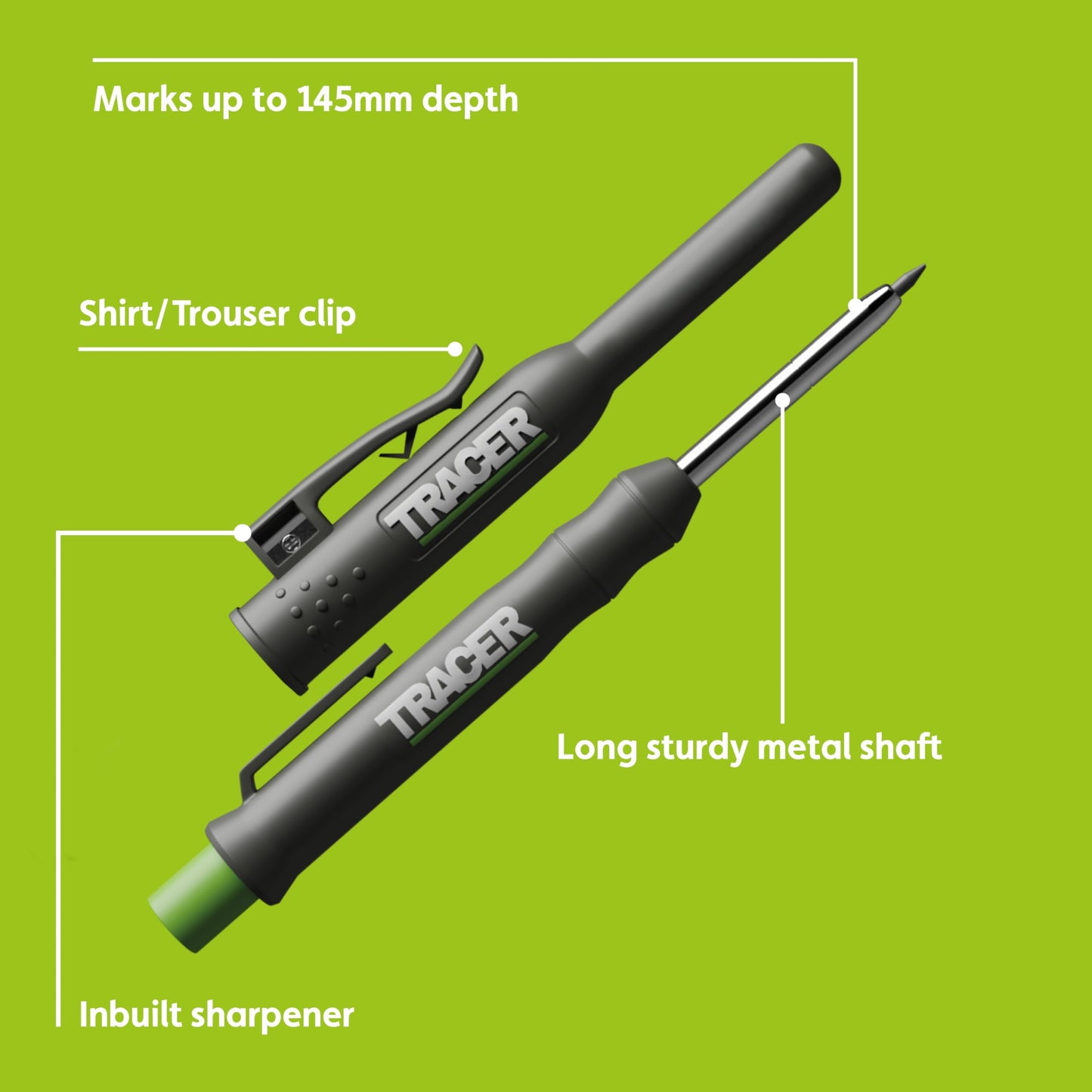 Tracer Deep Hole Construction Pencil Site Holster. Extendable 2B Carpenter Pencil with Inbuilt Carpenter Pencil Sharpener