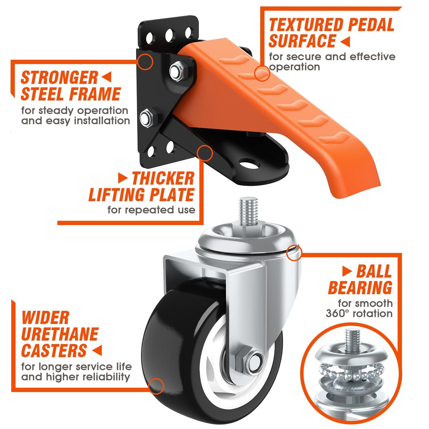 Ronlap Workbench Casters Kit 880 Lbs Capacity, 3" Extra Heavy Duty Retractable Casters 4 Pack, Side Mounted Adjustable Table Stepdown Casters