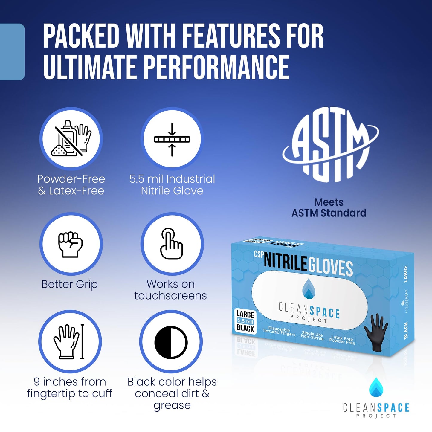 CLEAN SPACE PROJECT Black Nitrile Gloves Disposable, Box of 100-5.5 Mil, Non Latex & Powder Free - For Cooking Prep, Cleaning, Mechanic Work, Tattoo, Barber & More - Food & Industrial Use (Large)
