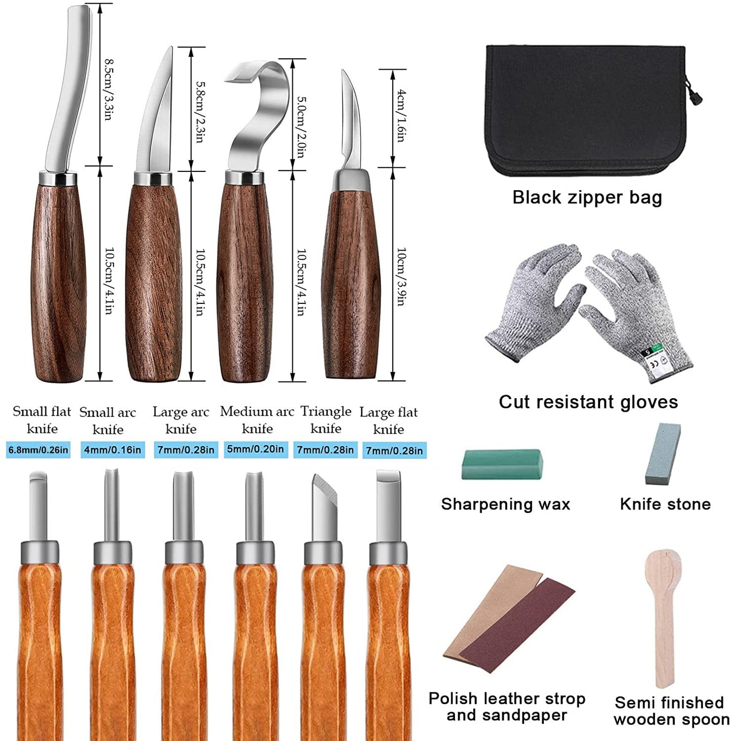Wood Carving Tools Set,Detail and Hook Carving Knife Kit for Beginners,Trimming Knife for Spoon Bowl Cup Woodwork,Round handle design and 6pcs SK2 Carbon Steel Wood Carving Knives(10pcs)
