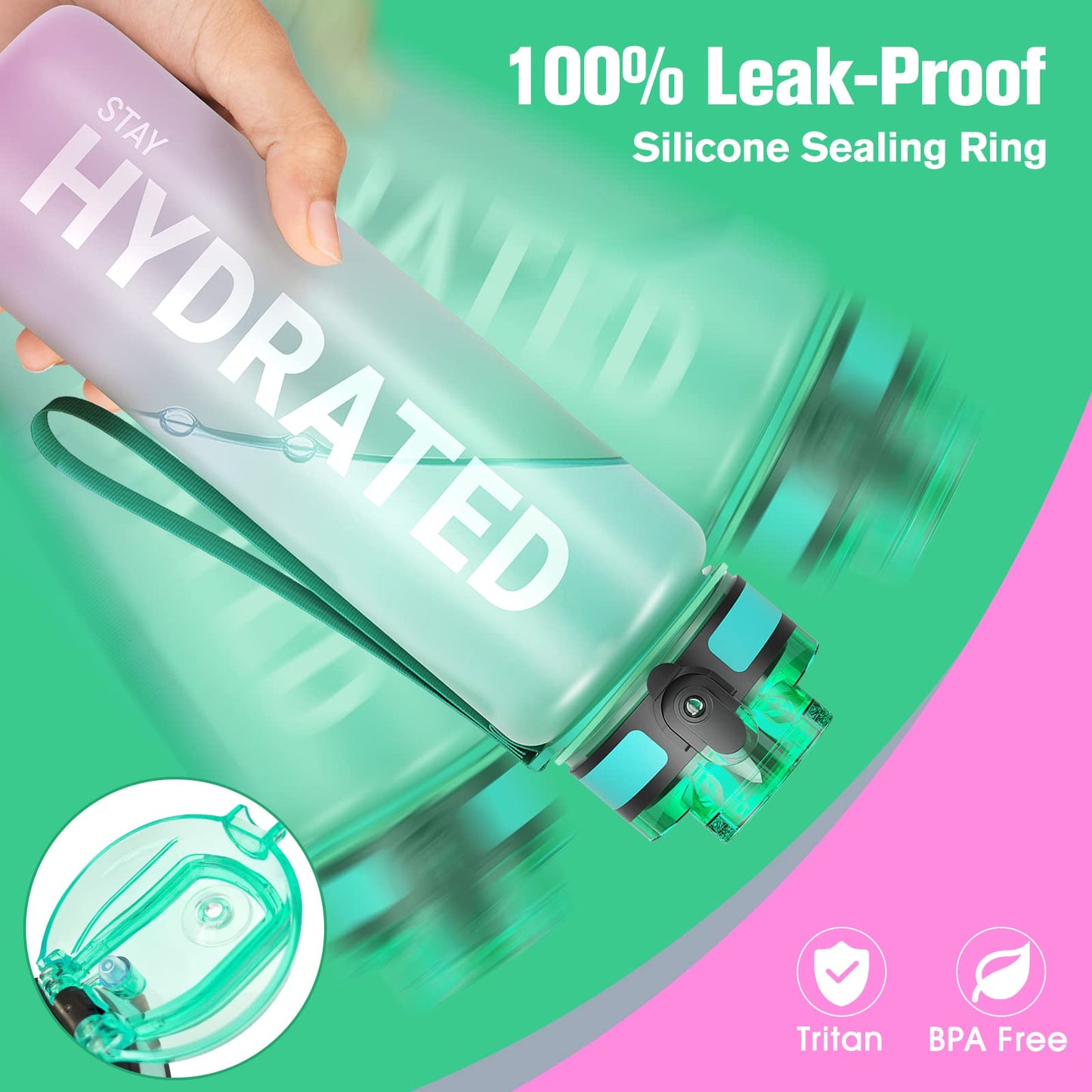 Sahara Sailor Water Bottle 32oz, Durable and Leakproof Water Bottles Motivational with Time Marker, Tritan, BPA Free, Wide Mouth with Easy Clean Brush for Gym, Travel, Home, School, Office (1 Bottle)