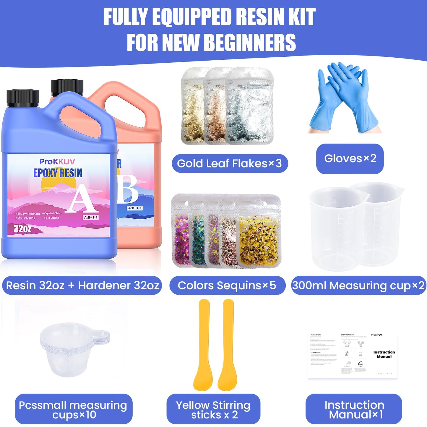 ProKKUV Epoxy Resin Kit, 64OZ Kit Crystal Clear Resin Epoxy, Bubble Free, No Yellowing, UV Resistant, Food Safe with Foil Flakes, Sequin, Easy Mix 1:1 for DIY Crafts Jewelry Making(32OZ x 2)