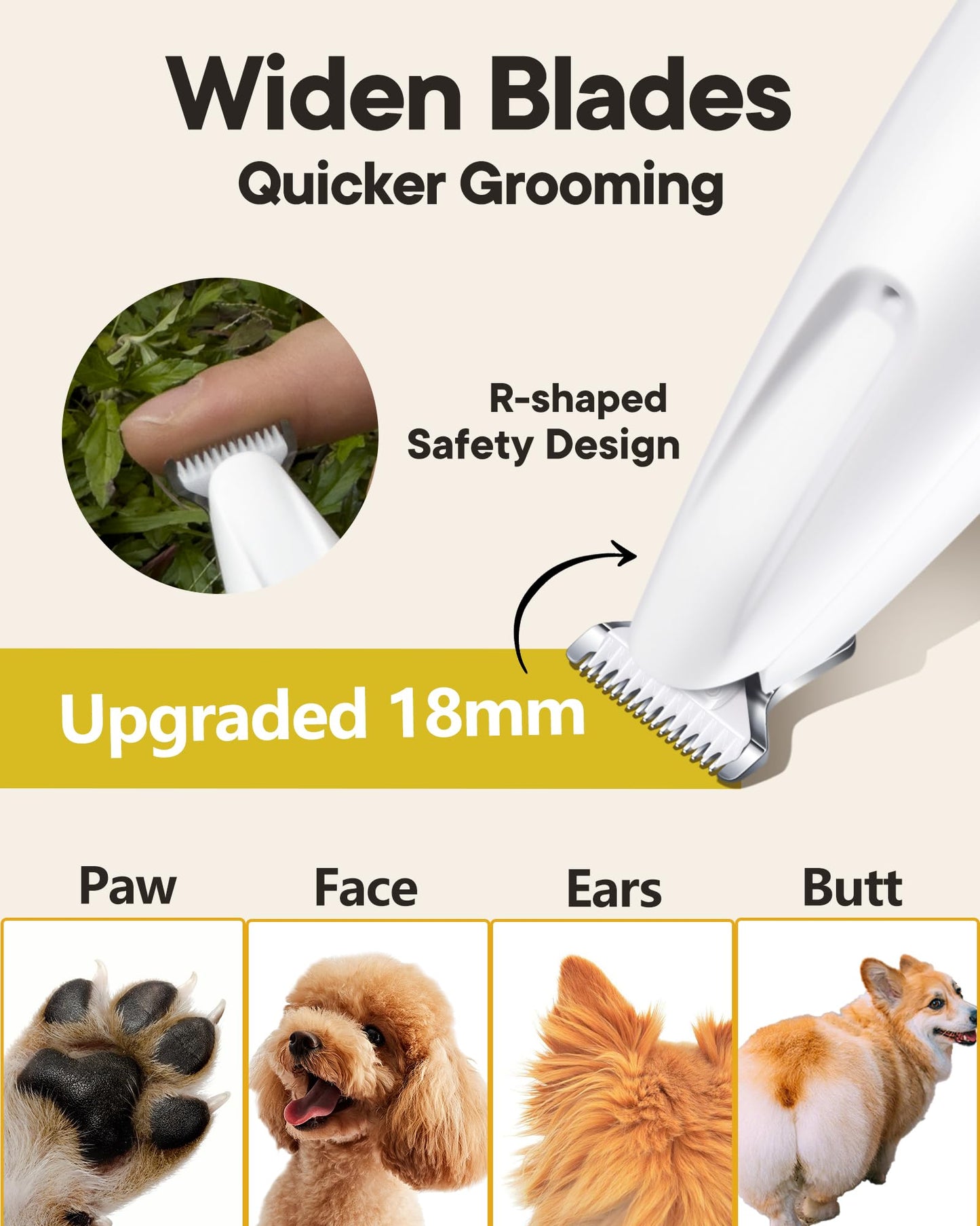 FURBONA Upgraded Dog Paw Trimmer with LED Light, 18 mm Widen Blade, 35 dB Low Noise, LED Display, Fully Waterproof, Rechargeable Clipper for Dogs Cats Trimming Paws, Eyes, Ears, Face, and Rump