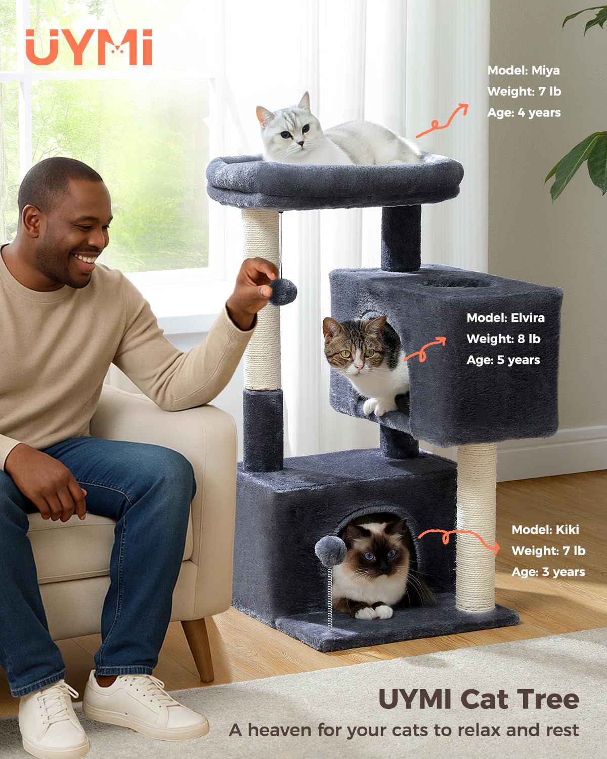 UYMI 32" Cat Tree Tower for Indoor Cats - 2 Cozy Condos, Multi-Level Cat Scratching Posts with Sisal, Soft Padded Perch, 2 Dangling Toys, Dark Grey