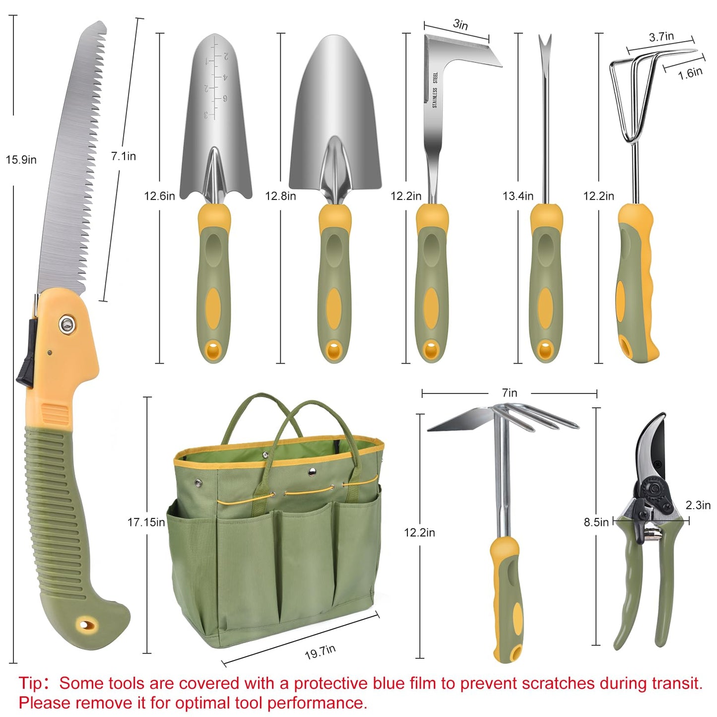 Garden Tool Set, WisaKey 9 Piece Stainless Steel Heavy Duty Gardening Hand Tools with Handle, Durable Garden Tool Bag, Gardening Gifts for Women and Men White Elephant Gifts
